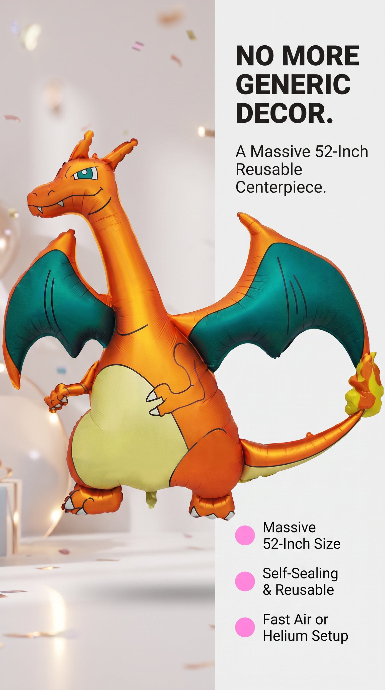 Giant Charizard Foil Balloon 52" – Jumbo Fire Dragon Birthday Party Decoration– Pokémon Birthday Party Decoration & Photo Prop (Copy)