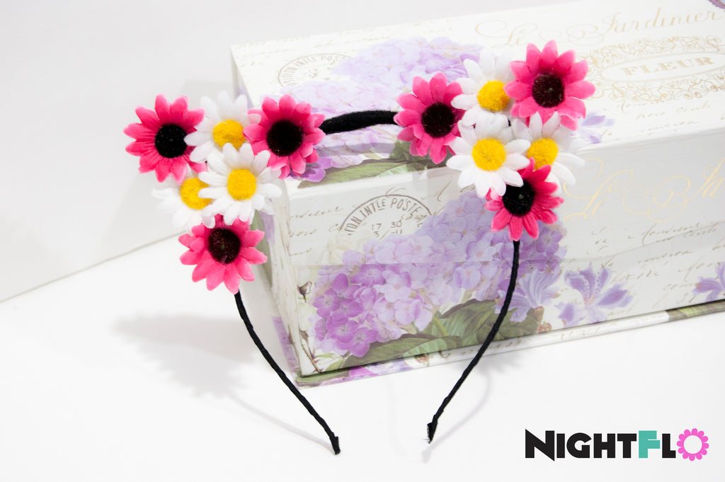 Hello Kitty Hot Pink & White Daisy Floral Kitty Ears Headband – Bright Floral Kitty Ears w Optional LED Light-Up Finish