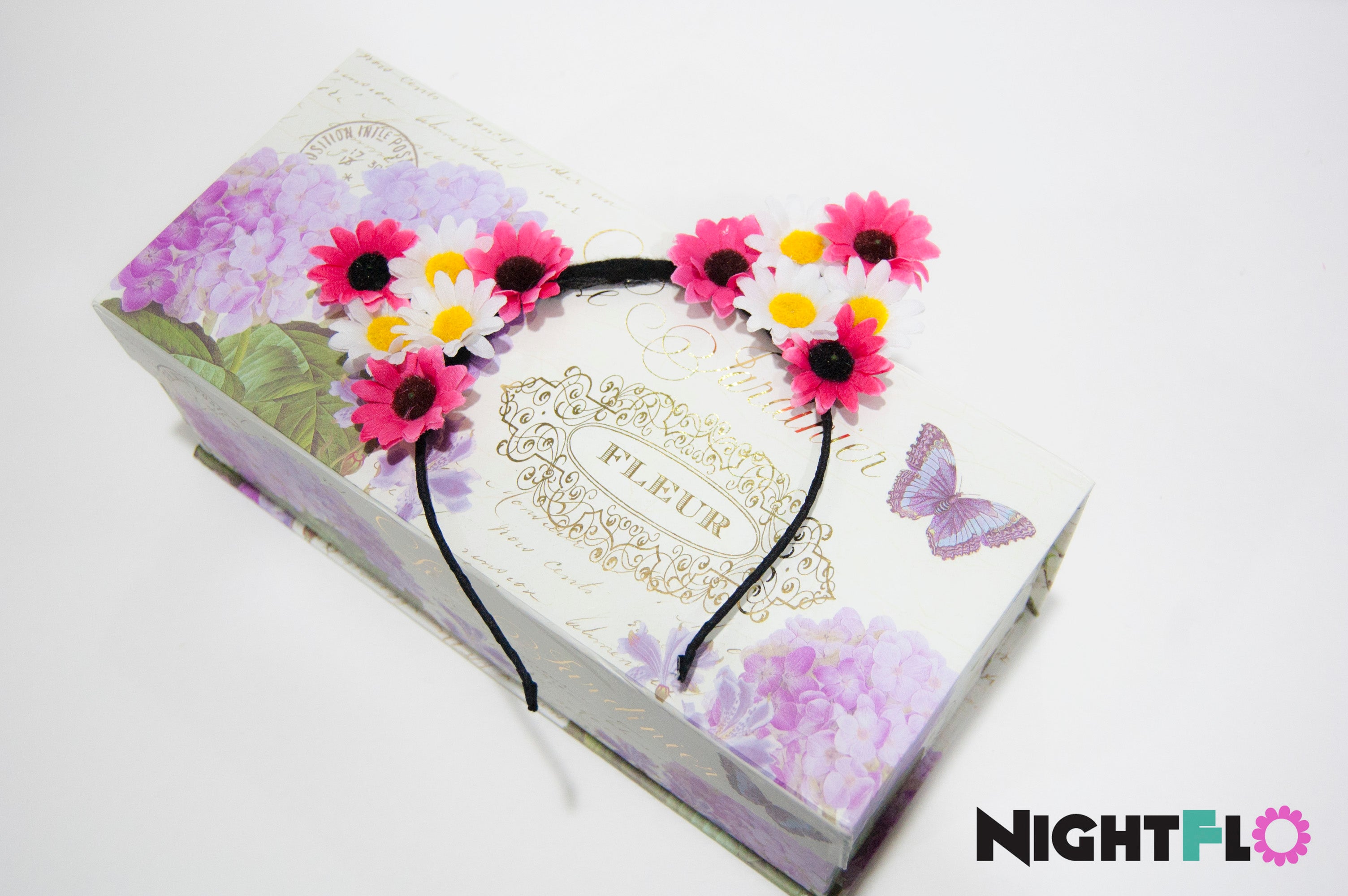 Hello Kitty Hot Pink & White Daisy Floral Kitty Ears Headband – Bright Floral Kitty Ears w Optional LED Light-Up Finish