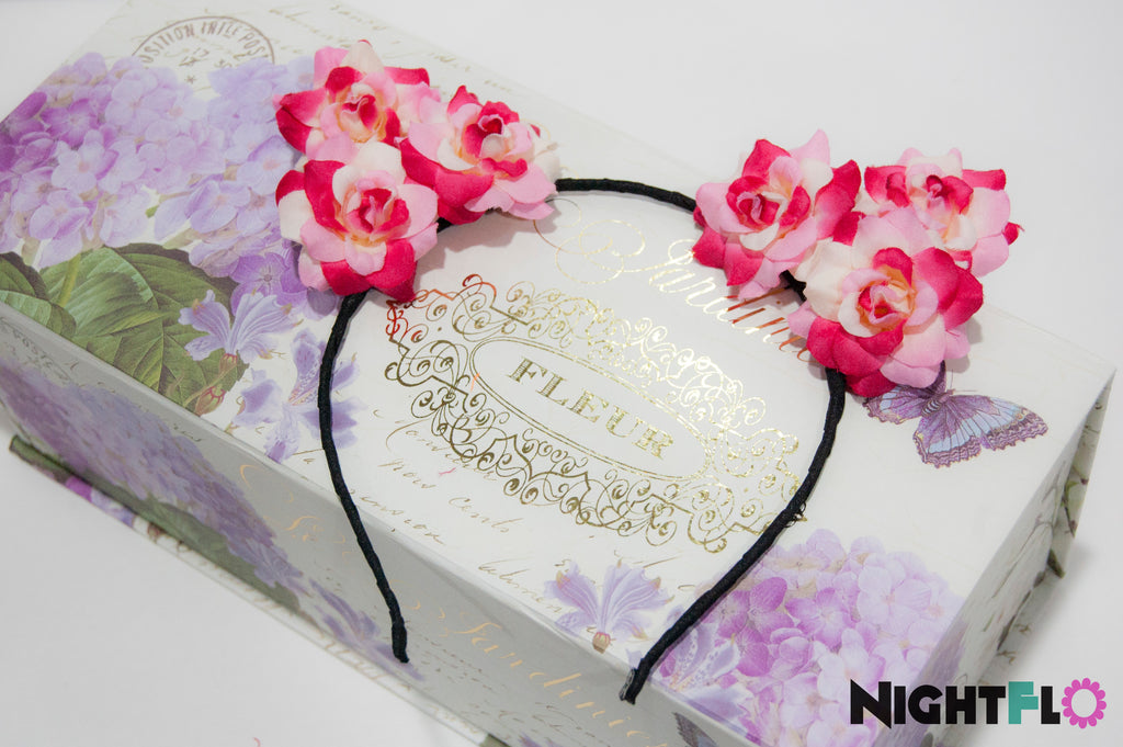 Magenta Swirl Floral Kitty Ears Headband – Hot Pink & White Rose Blossom Kitty Ears w Optional LED Light-Up Finish