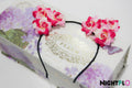 Magenta Swirl Floral Kitty Ears Headband – Hot Pink & White Rose Blossom Kitty Ears w Optional LED Light-Up Finish