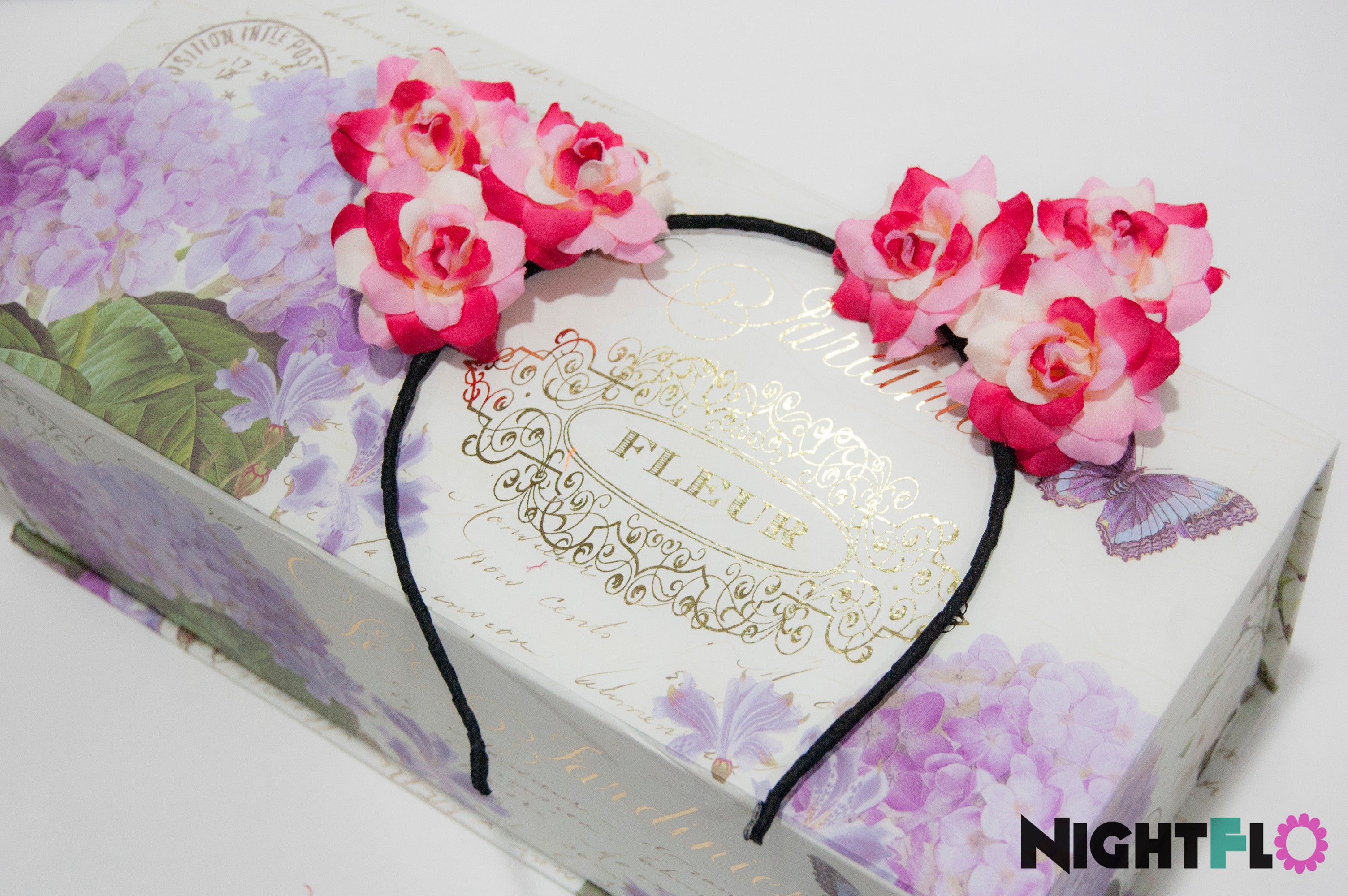 Magenta Swirl Floral Kitty Ears Headband – Hot Pink & White Rose Blossom Kitty Ears w Optional LED Light-Up Finish