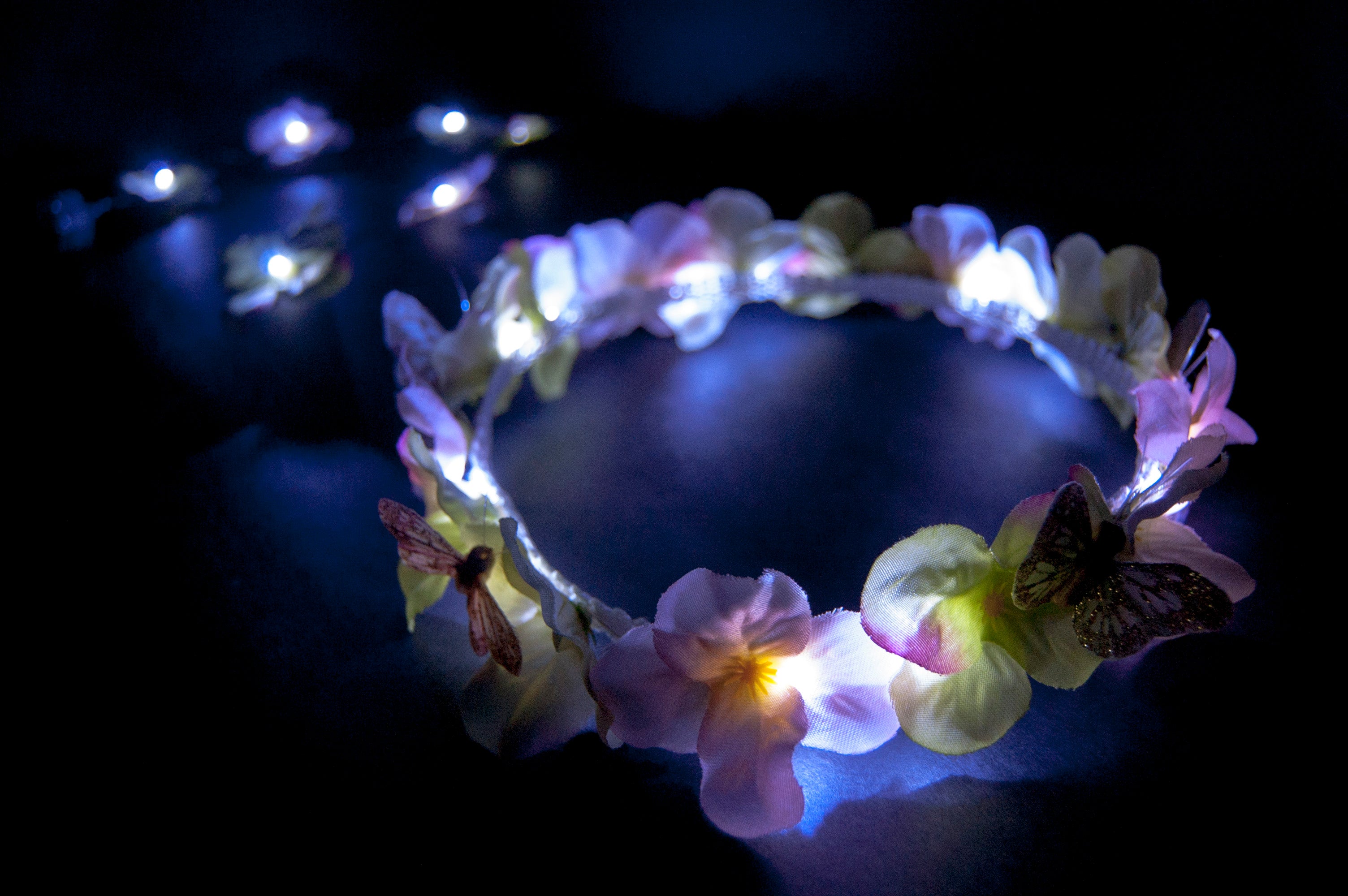 Glowing LED Enchanted  Fairy Garden Flower Crown – Light-Up Pastel Floral & Gold Butterfly Headpiece  Light Up Flower Crown Headband (White LED) |Music Festival| EDC