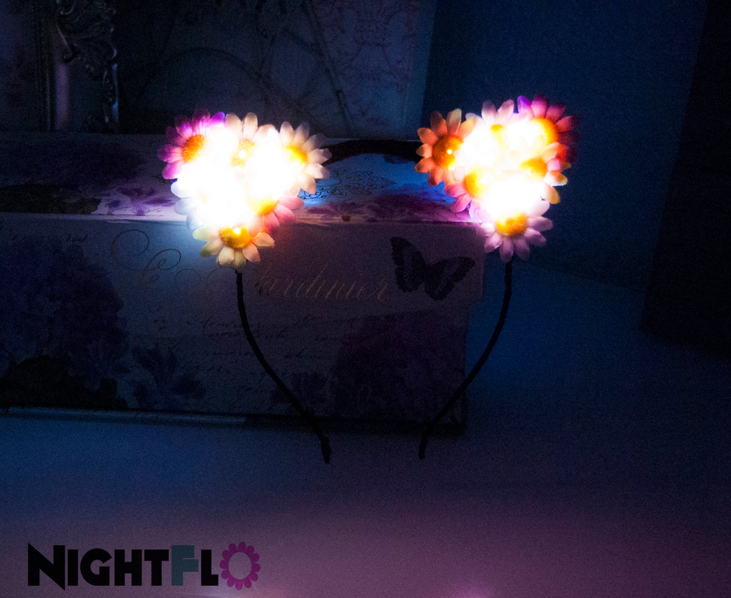 Pastel Blush Daisy Floral Kitty Ears Headband – Pink, Yellow & White Daisy Kitty Ears w Optional LED Light-Up Finish