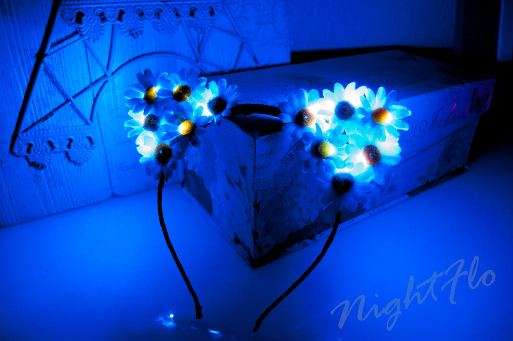 Sky Blue Daisy Floral Kitty Ears Headband – Blue & White Daisy Kitty Ears w Optional LED Light-Up Finish