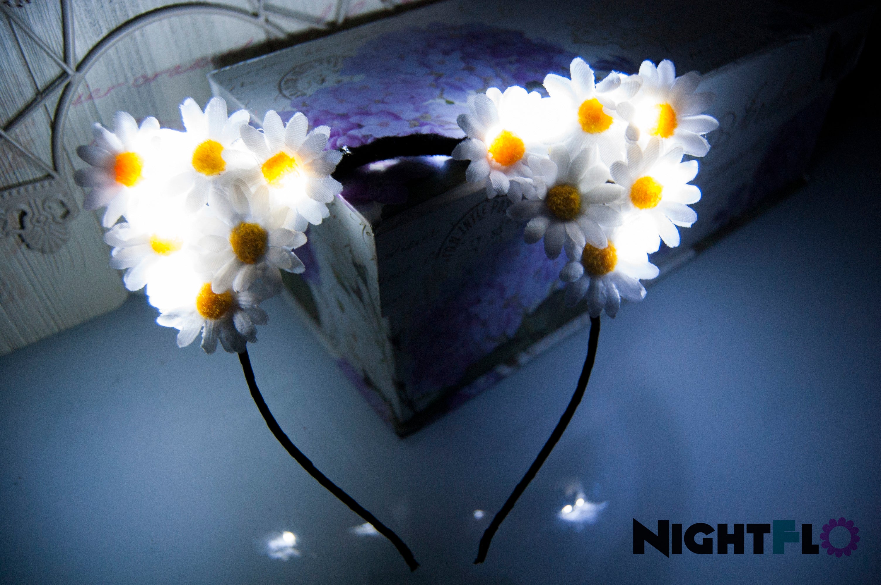 White Daisy Floral Kitty Ears Headband – Classic White Daisy Blossom Kitty Ears w Optional LED Light-Up Finish