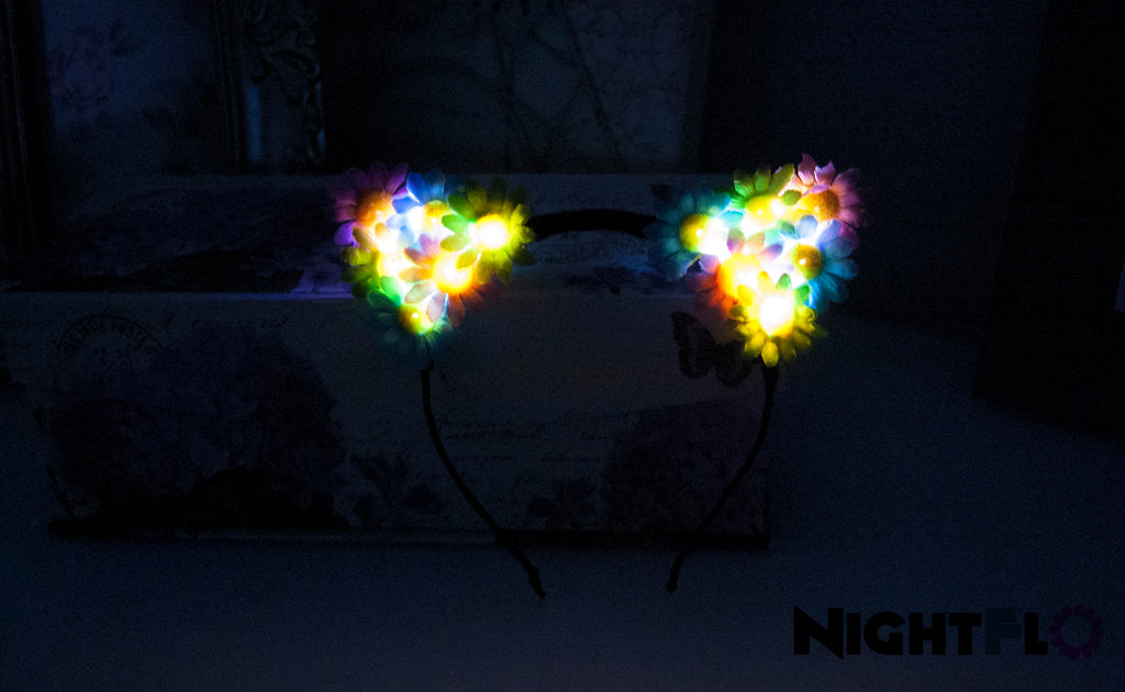 Spring Blossom Daisy Floral Kitty Ears Headband – Pastel Pink, Blue & Green Daisy Kitty Ears w Optional LED Light-Up Finish