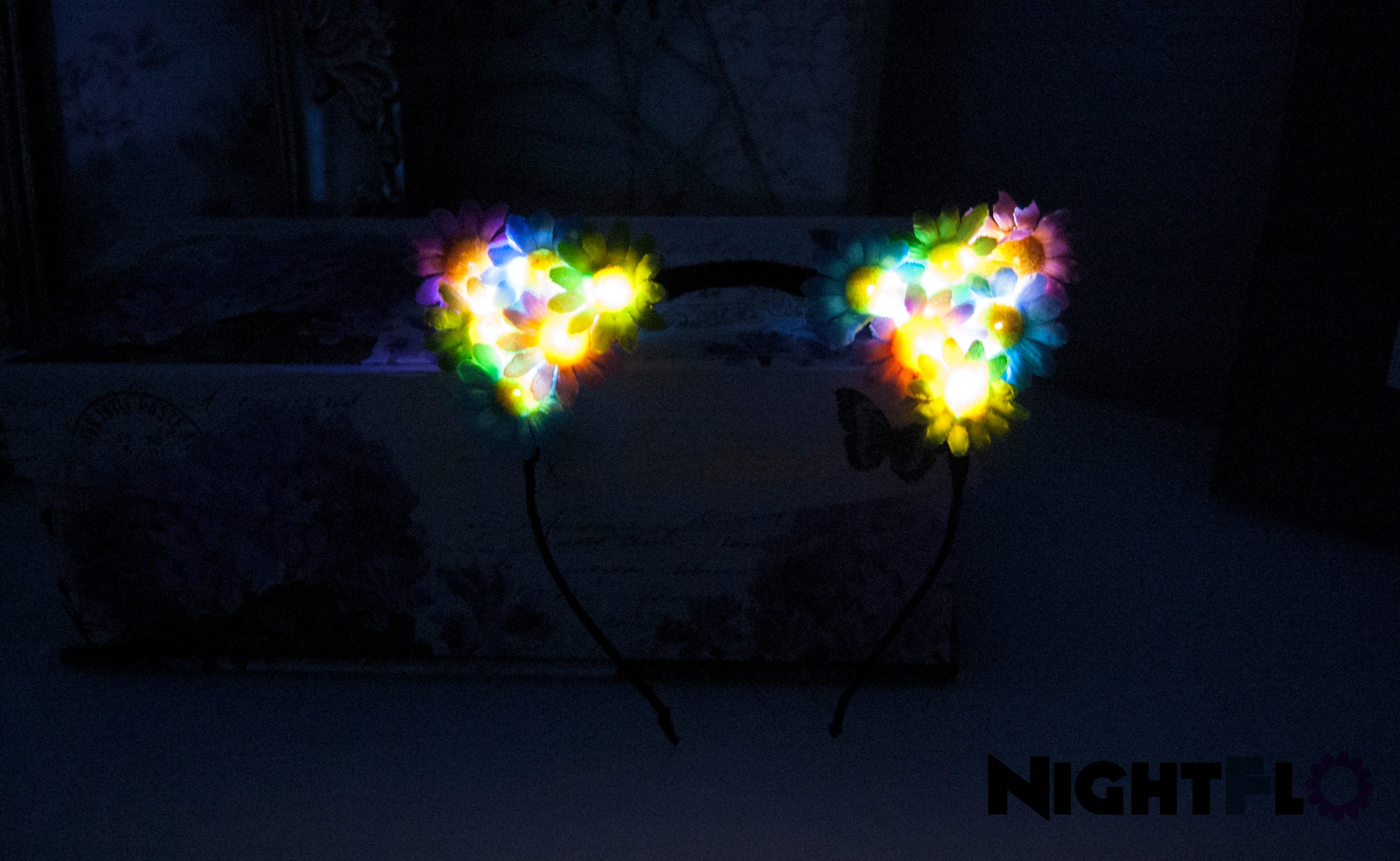 Spring Blossom Daisy Floral Kitty Ears Headband – Pastel Pink, Blue & Green Daisy Kitty Ears w Optional LED Light-Up Finish