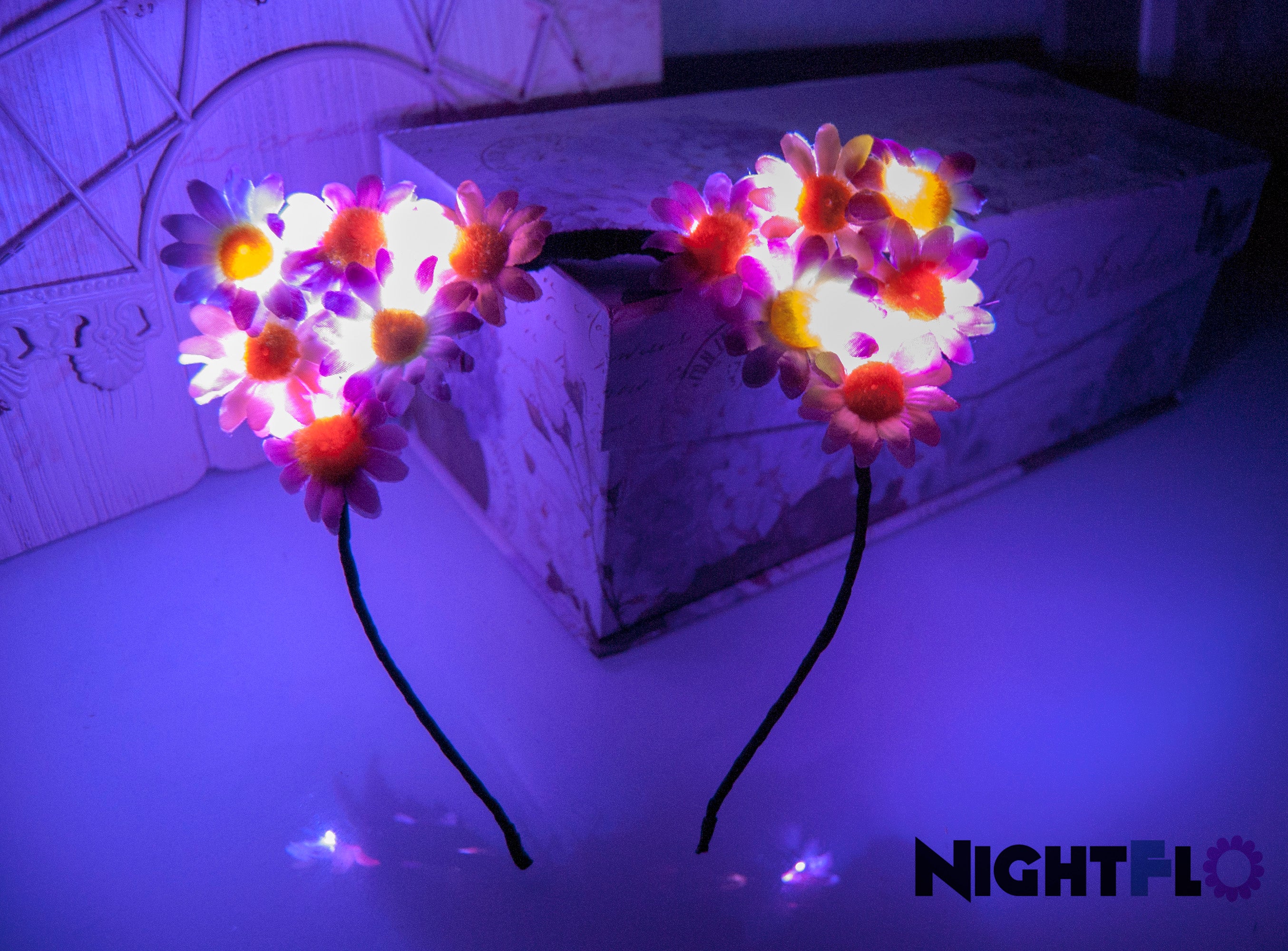 Lavender Plush Daisy Floral Kitty Ears Headband – Purple, Pink & Yellow Daisy Kitty Ears w Optional LED Light-Up Finish