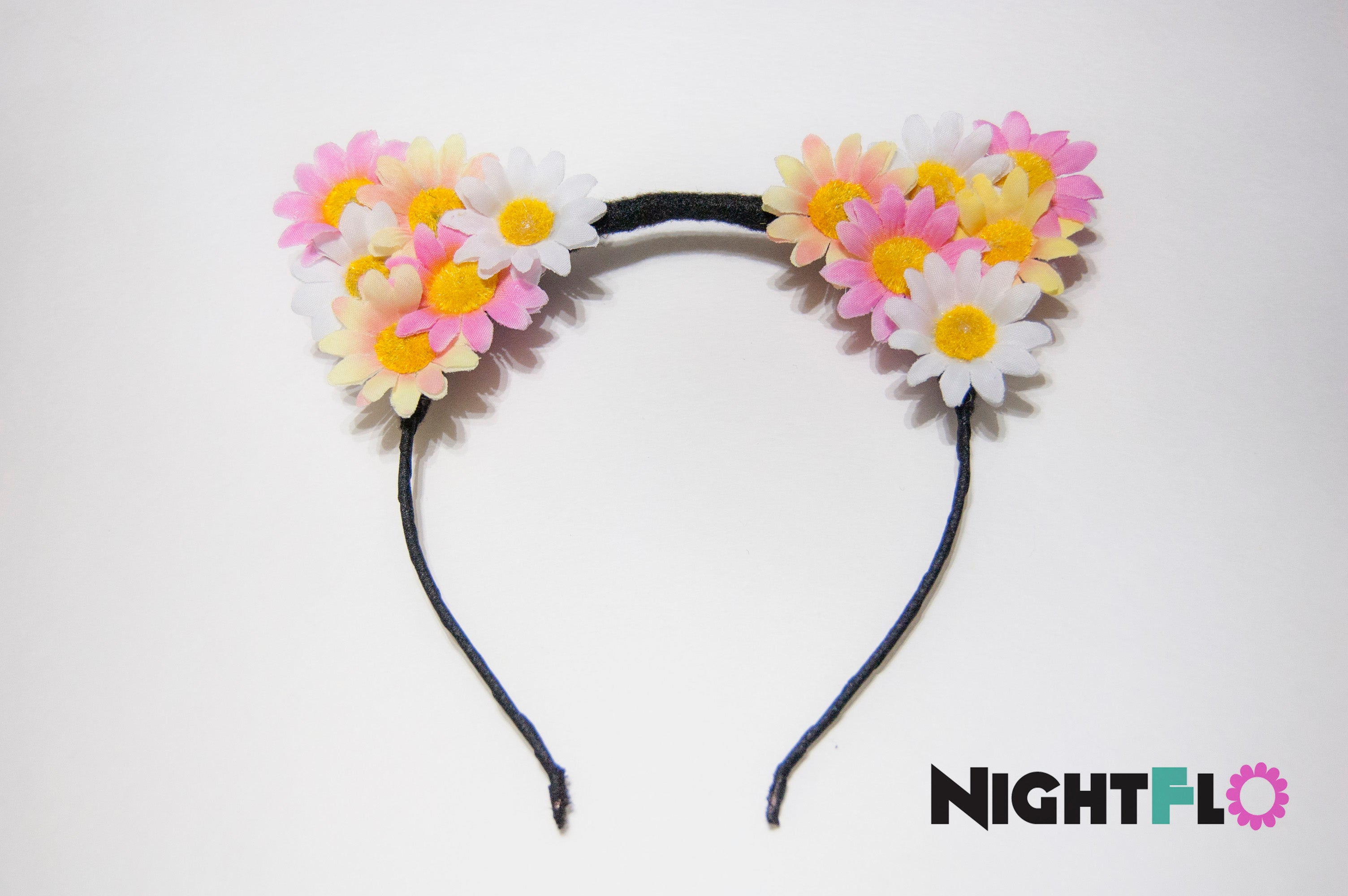 Pastel Blush Daisy Floral Kitty Ears Headband – Pink, Yellow & White Daisy Kitty Ears w Optional LED Light-Up Finish