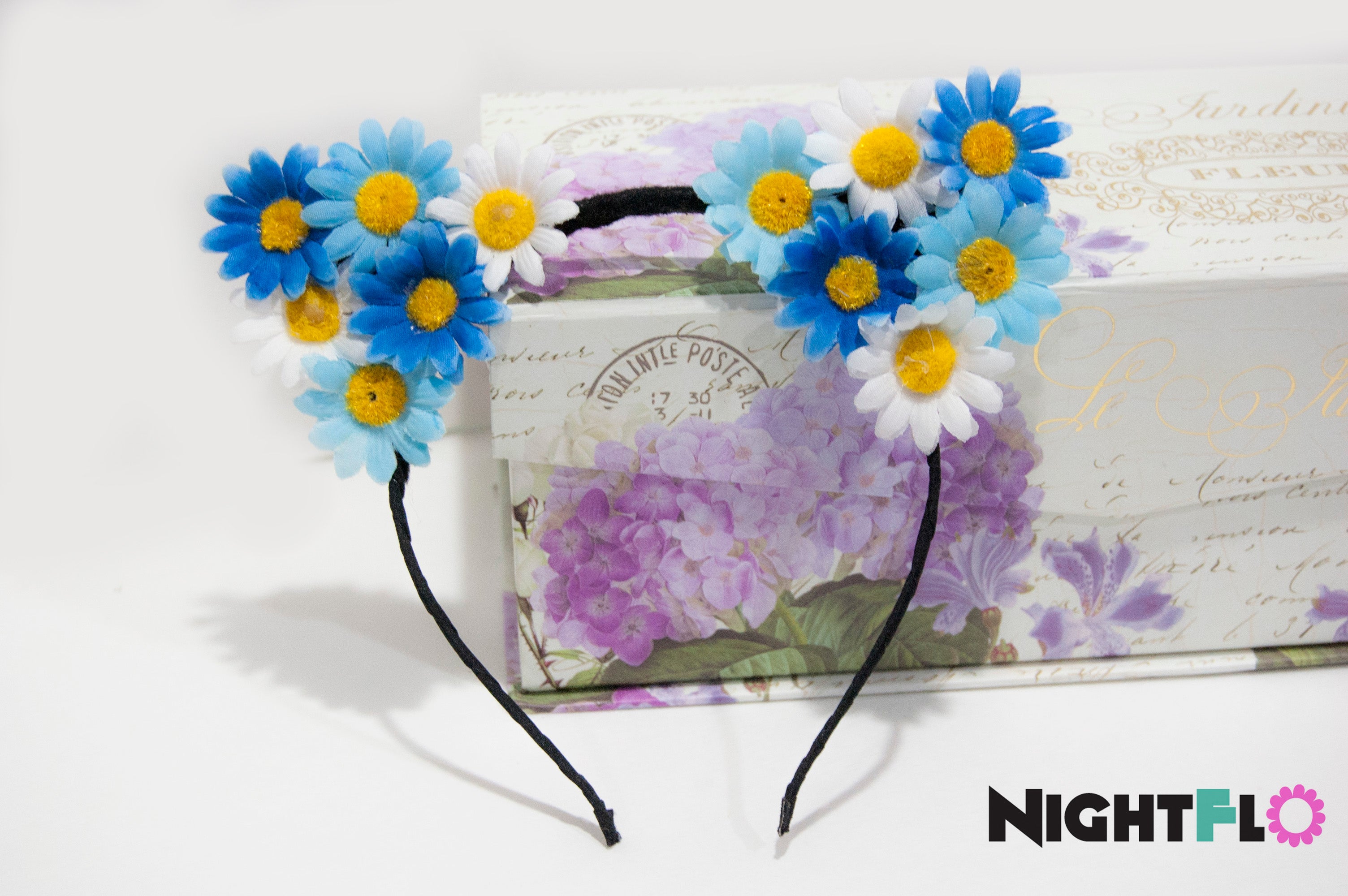 Sky Blue Daisy Floral Kitty Ears Headband – Blue & White Daisy Kitty Ears w Optional LED Light-Up Finish