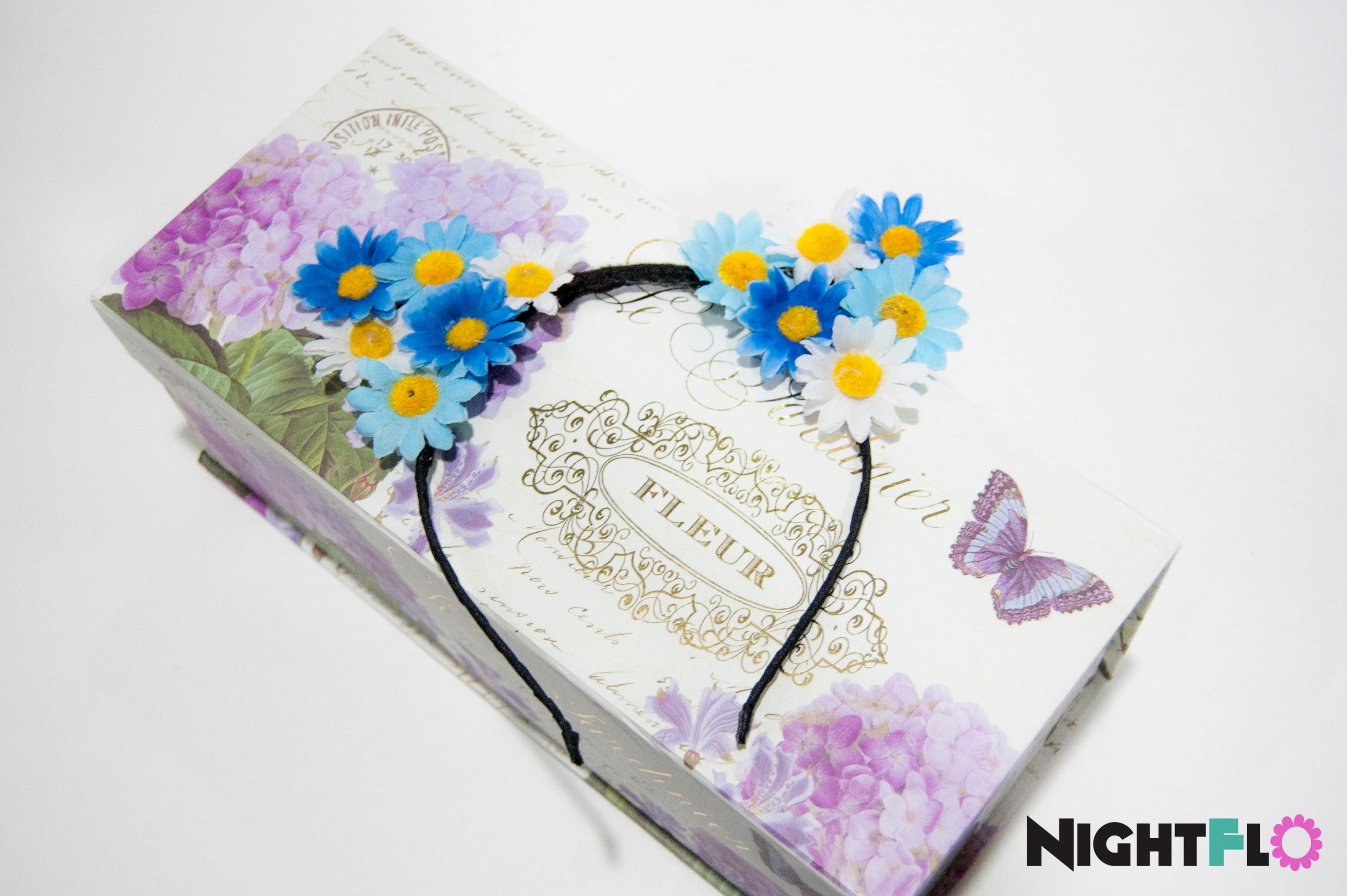 Sky Blue Daisy Floral Kitty Ears Headband – Blue & White Daisy Kitty Ears w Optional LED Light-Up Finish