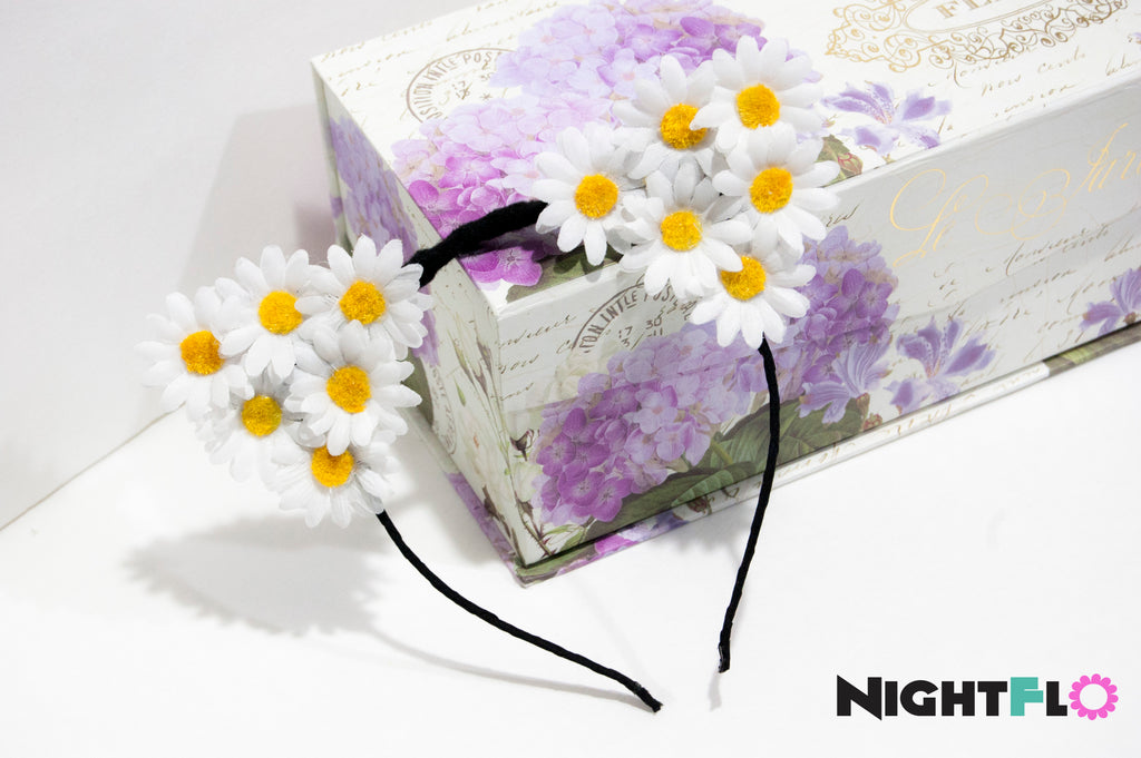 White Daisy Floral Kitty Ears Headband – Classic White Daisy Blossom Kitty Ears w Optional LED Light-Up Finish