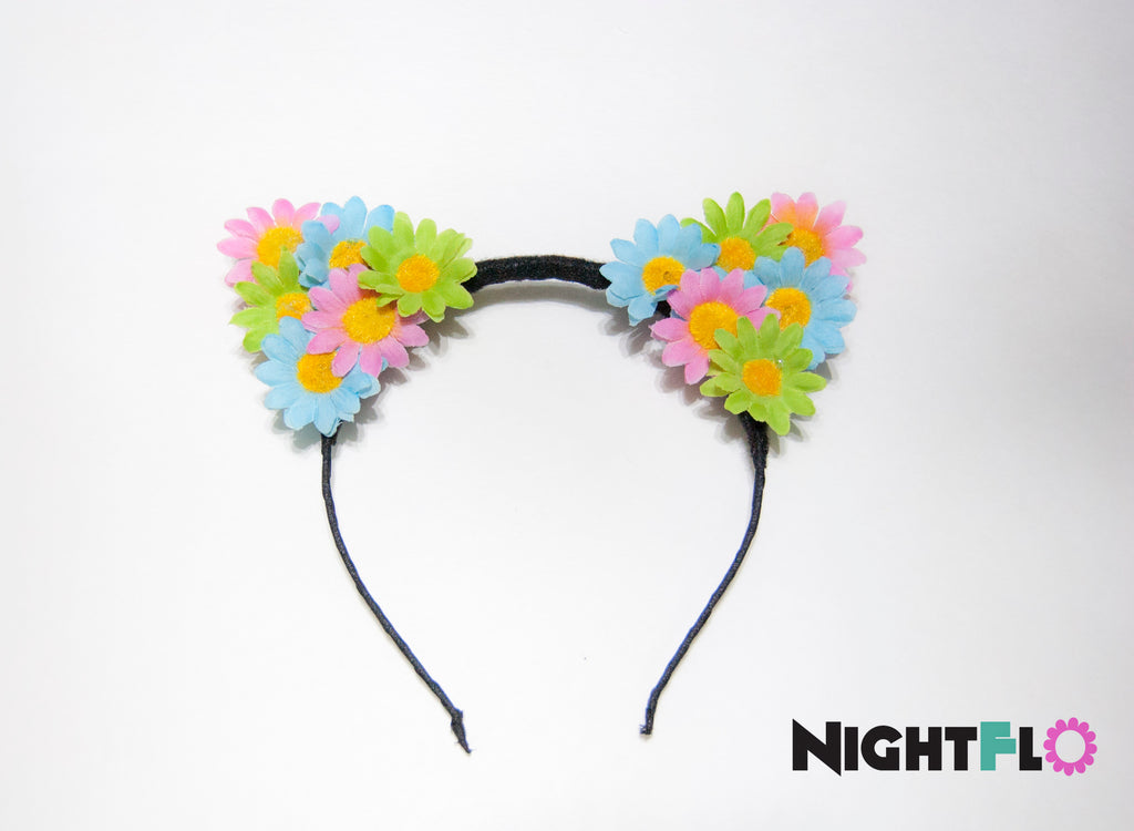 Spring Blossom Daisy Floral Kitty Ears Headband – Pastel Pink, Blue & Green Daisy Kitty Ears w Optional LED Light-Up Finish