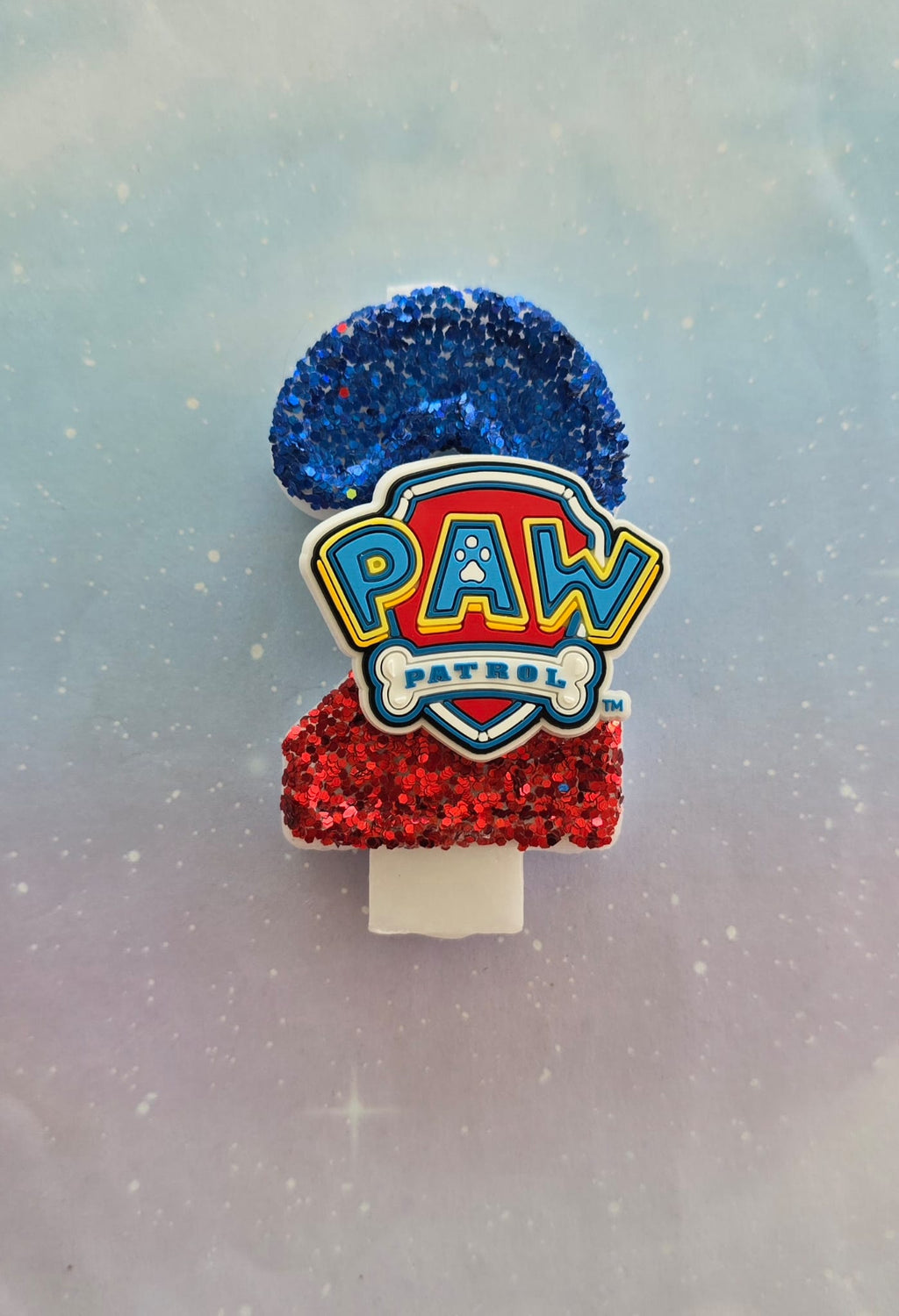 Paw Patrol Shield Birthday Number 2 Candle – Sparkly Royal Blue & Red Glitter Topper