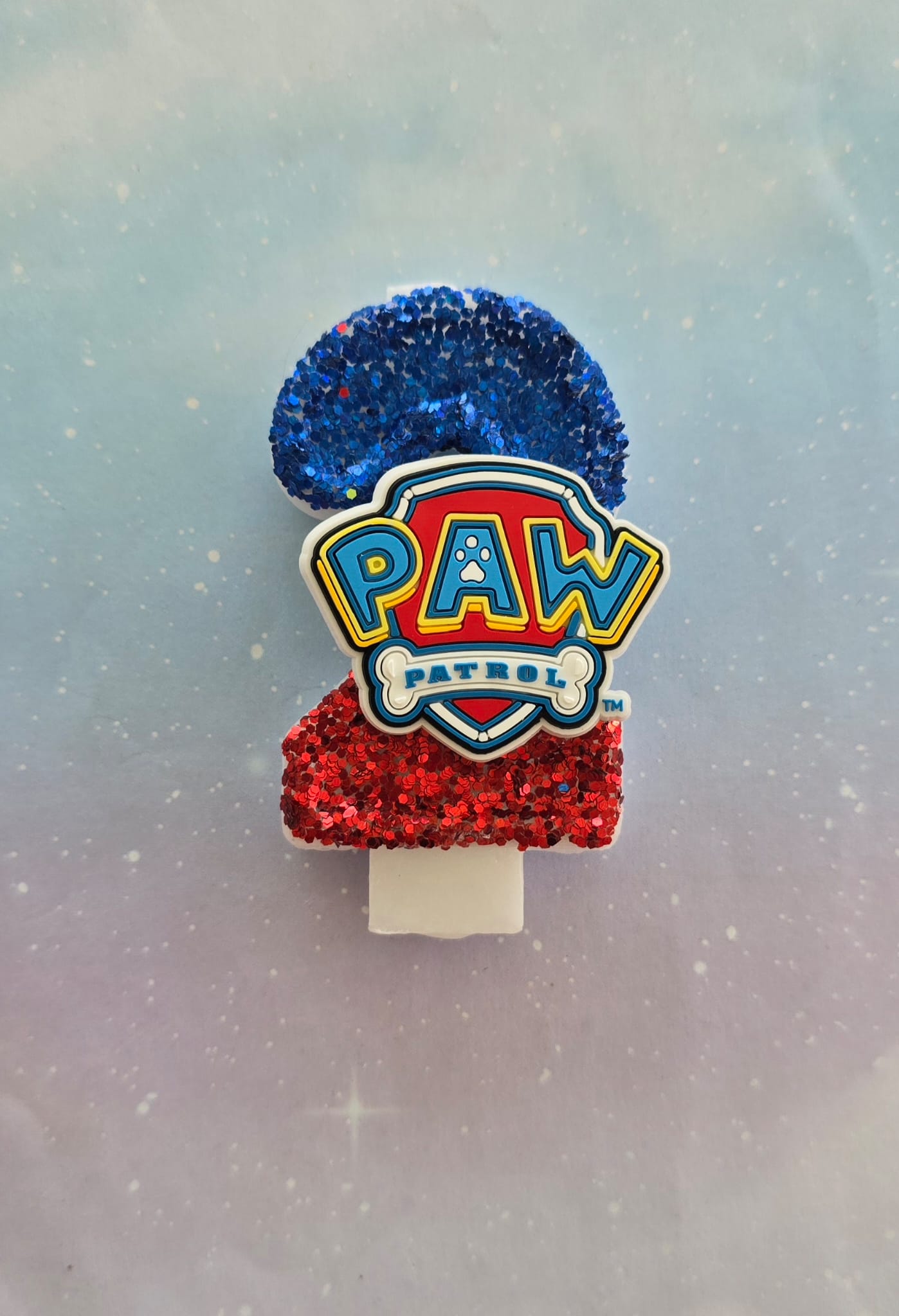 Paw Patrol Shield Birthday Number 2 Candle – Sparkly Royal Blue & Red Glitter Topper