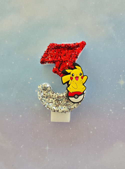 Custom Pikachu Electric Mouse Birthday Candle Topper – Red & Silver Glitter Number Candle