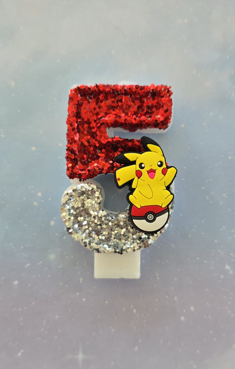 Custom Pikachu Electric Mouse Birthday Candle Topper – Red & Silver Glitter Number Candle