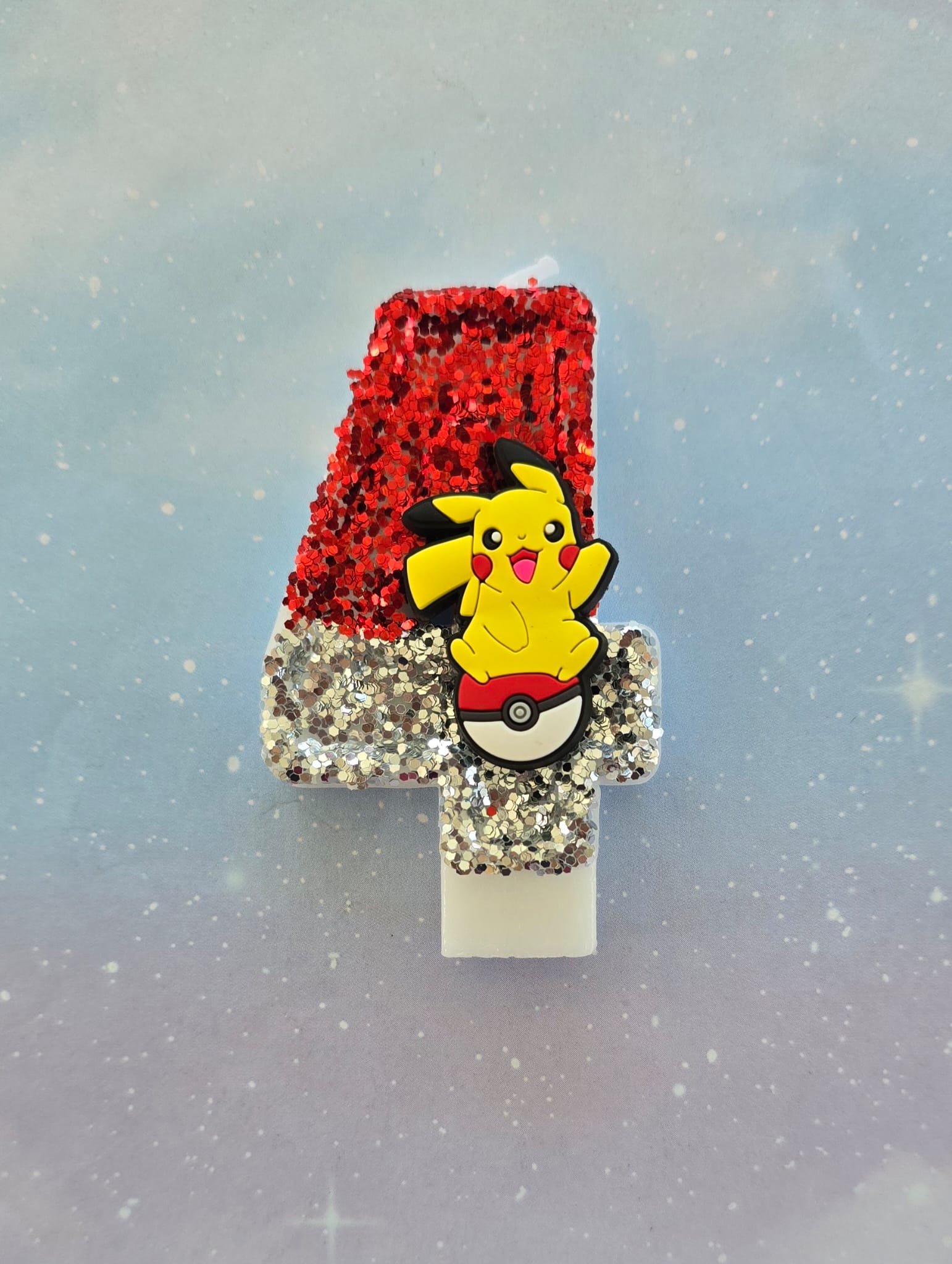 Custom Pikachu Electric Mouse Birthday Candle Topper – Red & Silver Glitter Number Candle