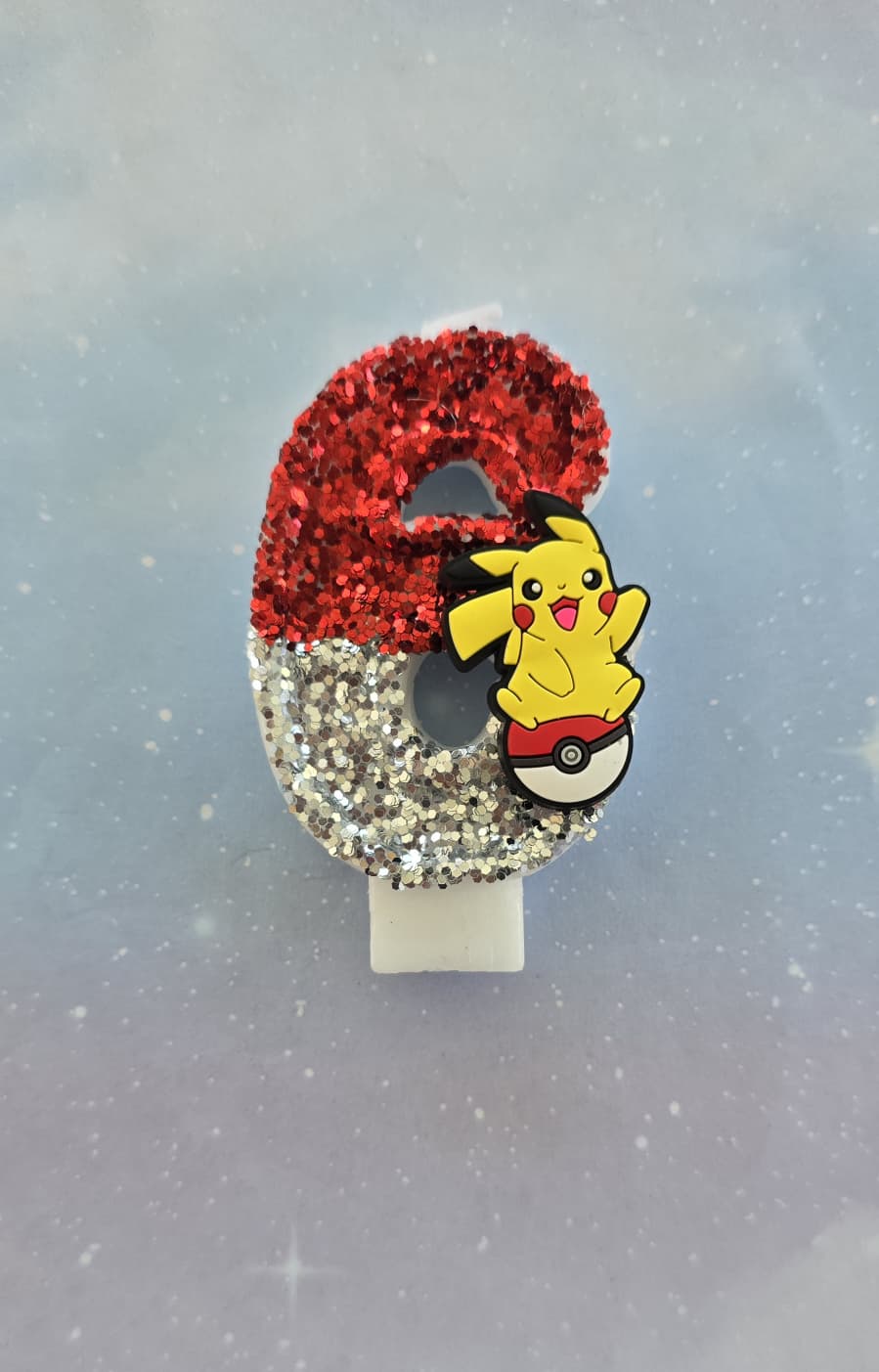 Custom Pikachu Electric Mouse Birthday Candle Topper – Red & Silver Glitter Number Candle