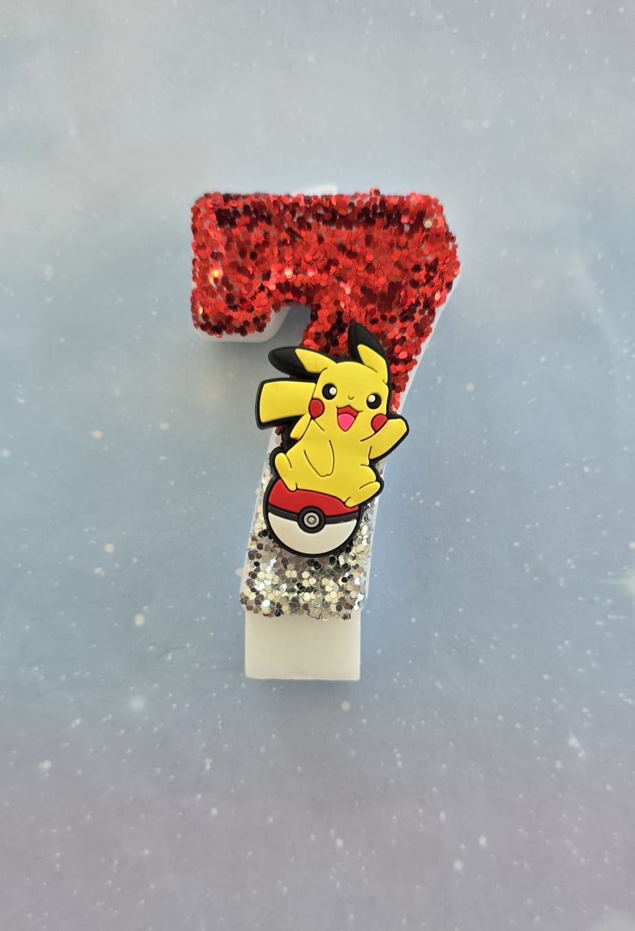 Custom Pikachu Electric Mouse Birthday Candle Topper – Red & Silver Glitter Number Candle