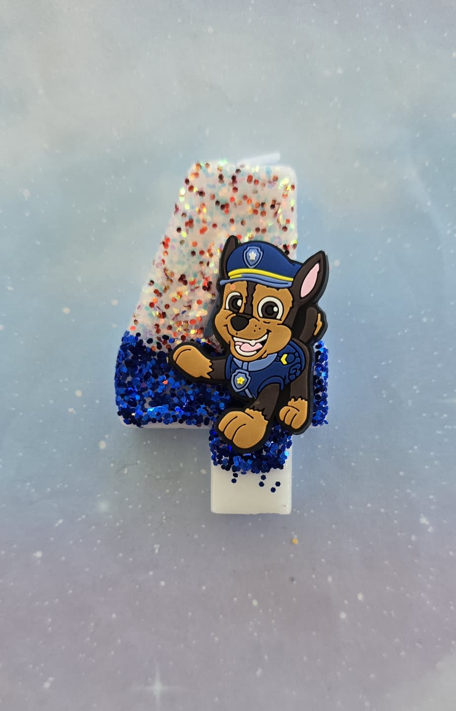Paw Patrol Chase Police Pup Birthday #4 Candle Topper – Blue & White Glitter Number Candle
