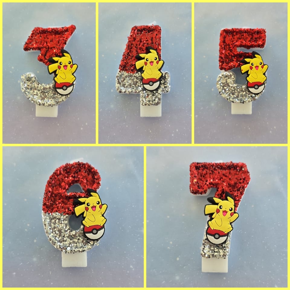 Custom Pikachu Electric Mouse Birthday Candle Topper – Red & Silver Glitter Number Candle