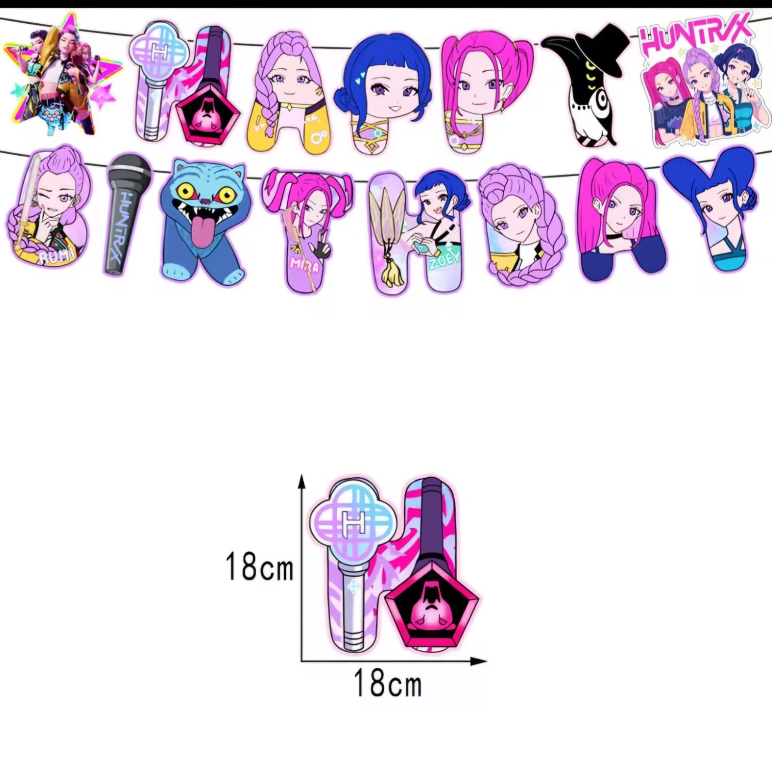 K-Pop Demon Hunters Huntrix Anime Girl Pop Group Happy Birthday Banner – Hanging Party Decoration Set