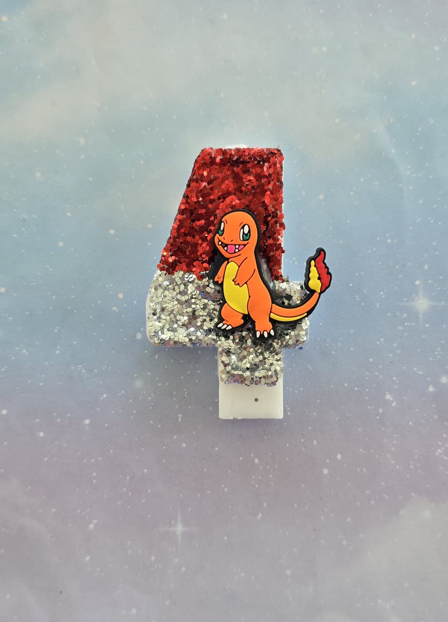 Custom Pikachu Electric Mouse Birthday Candle Topper – Red & Silver Glitter Number Candle