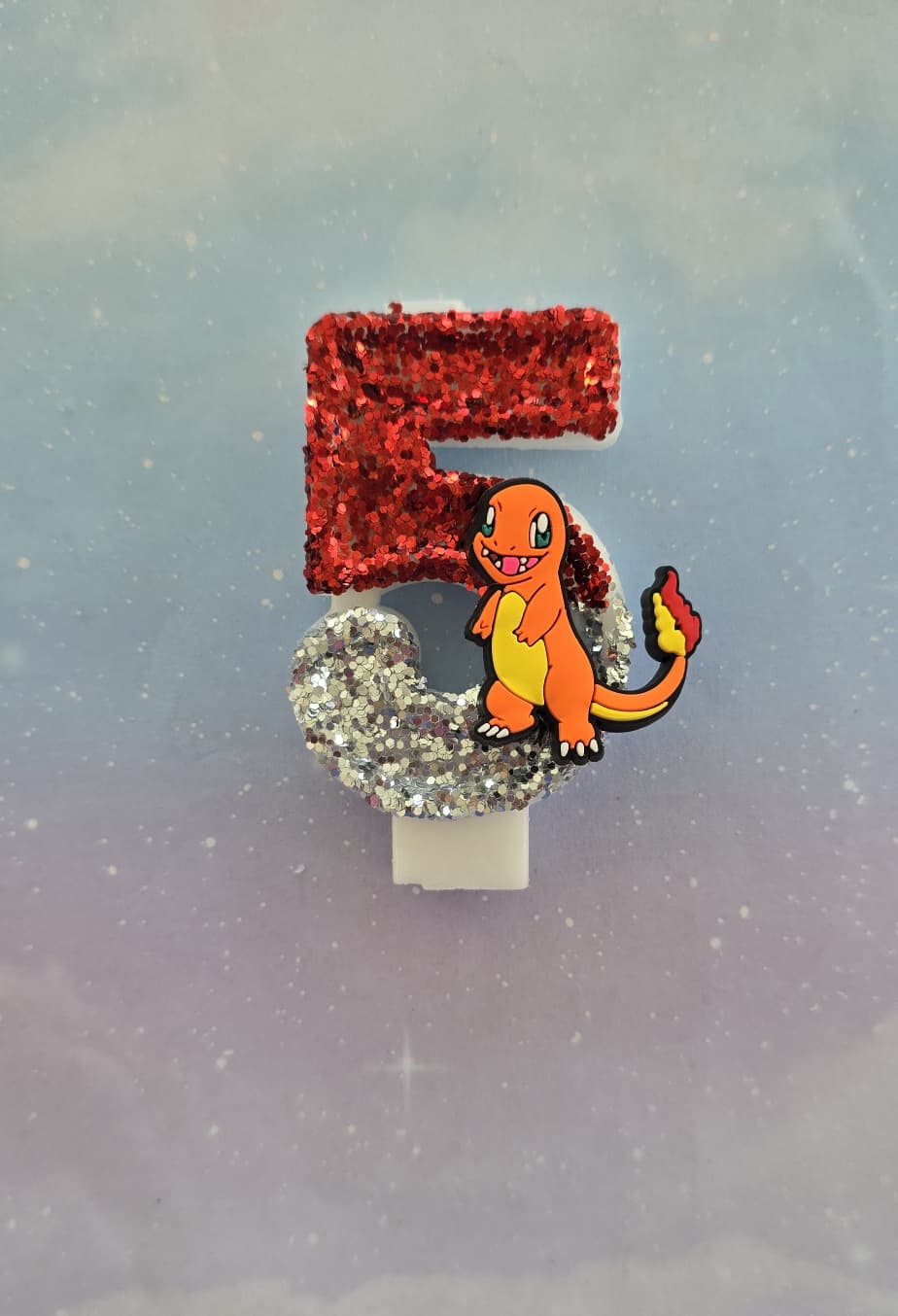 Custom Fire Charmander Birthday Candle Topper – Red & Silver Glitter Number Candle