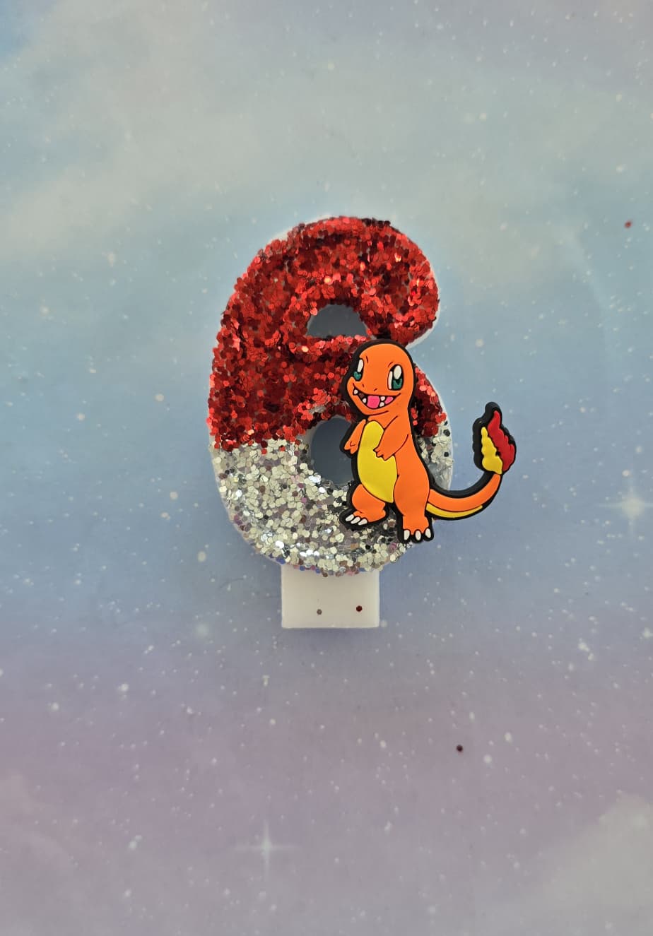 Custom Fire Charmander Birthday Candle Topper – Red & Silver Glitter Number Candle