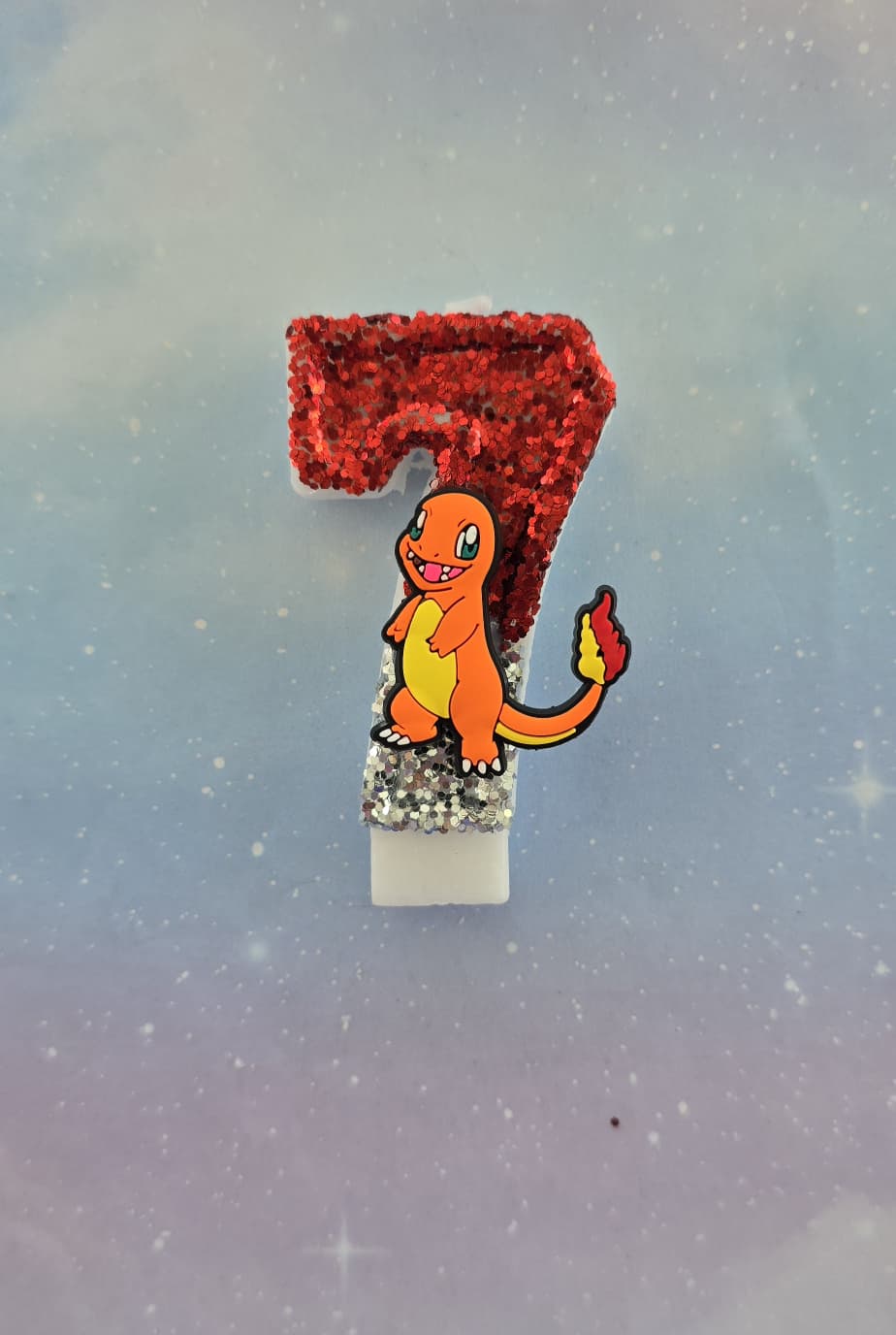 Custom Fire Charmander Birthday Candle Topper – Red & Silver Glitter Number Candle