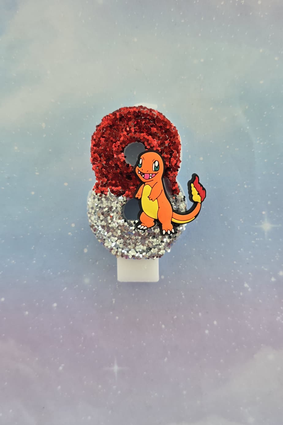Custom Fire Charmander Birthday Candle Topper – Red & Silver Glitter Number Candle