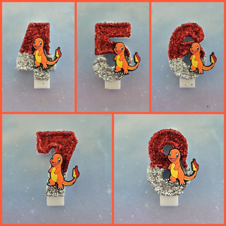 Custom Pikachu Electric Mouse Birthday Candle Topper – Red & Silver Glitter Number Candle