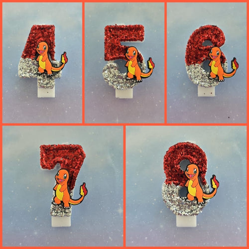 Custom Fire Charmander Birthday Candle #4 Topper – Red & Silver Glitter Number Candle