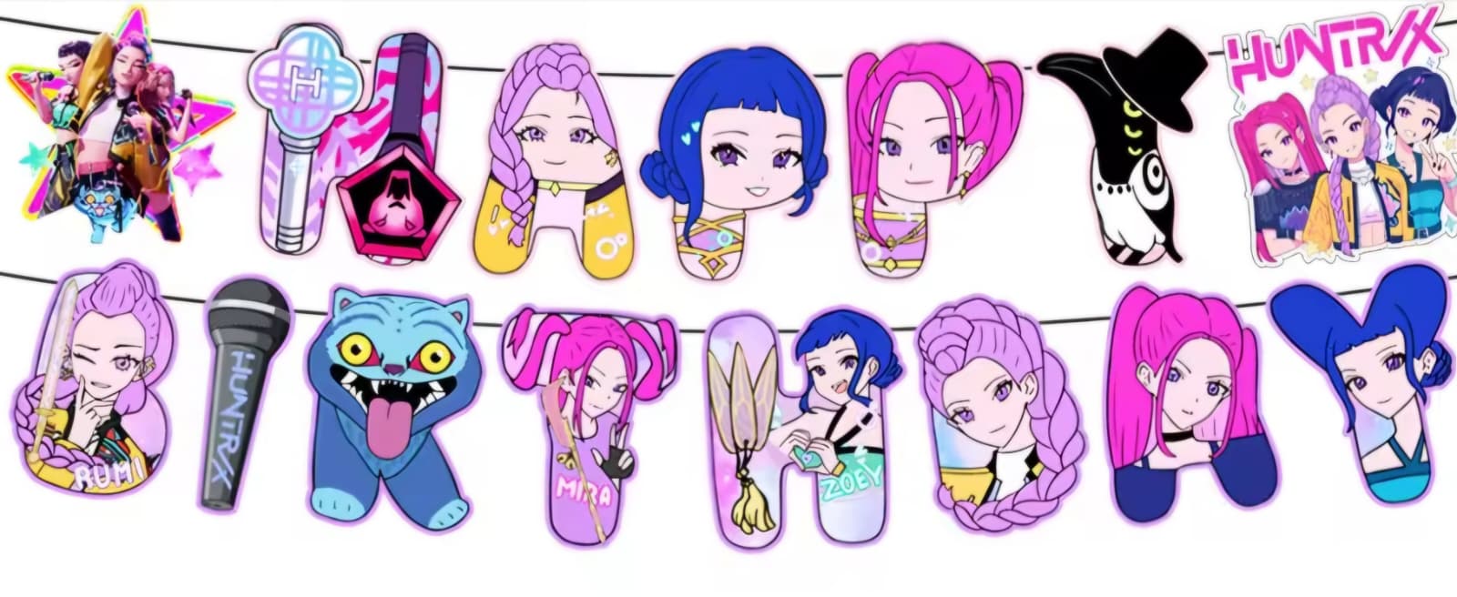 K-Pop Demon Hunters Huntrix Anime Girl Pop Group Happy Birthday Banner – Hanging Party Decoration Set