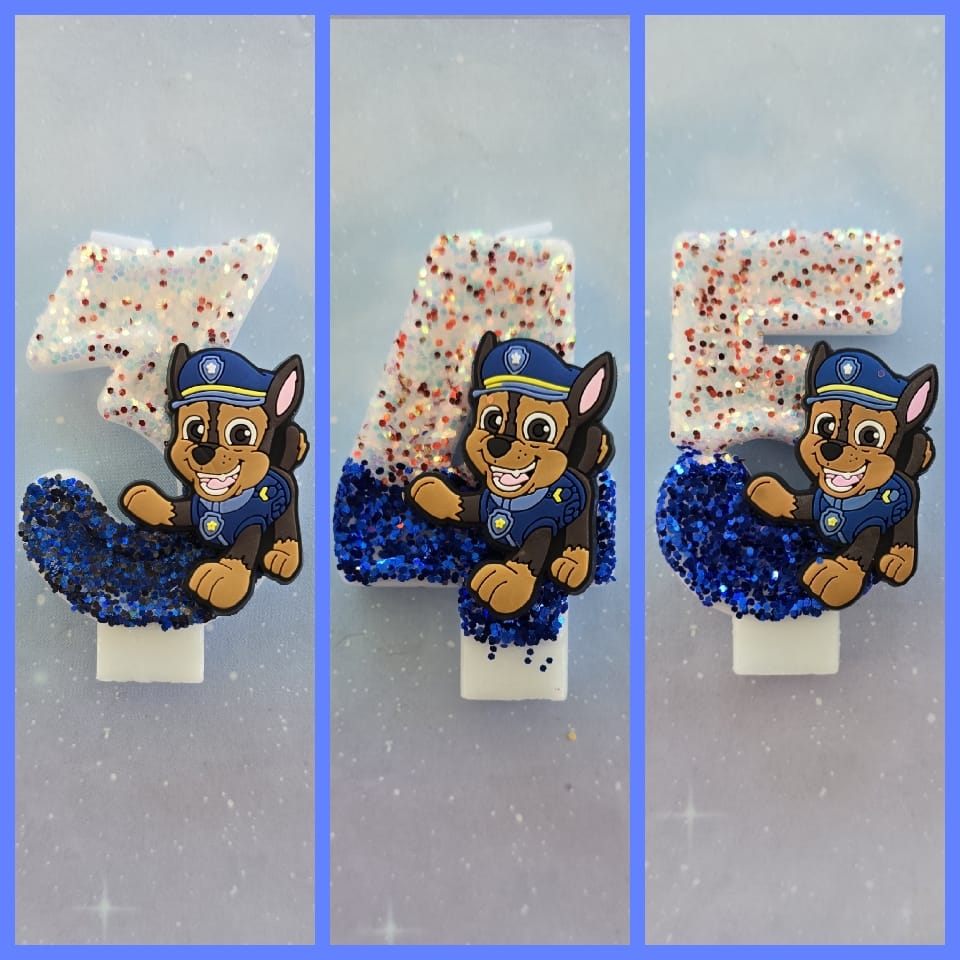 Paw Patrol Chase Police Pup Birthday #3 Candle Topper – Blue & White Glitter Number Candle
