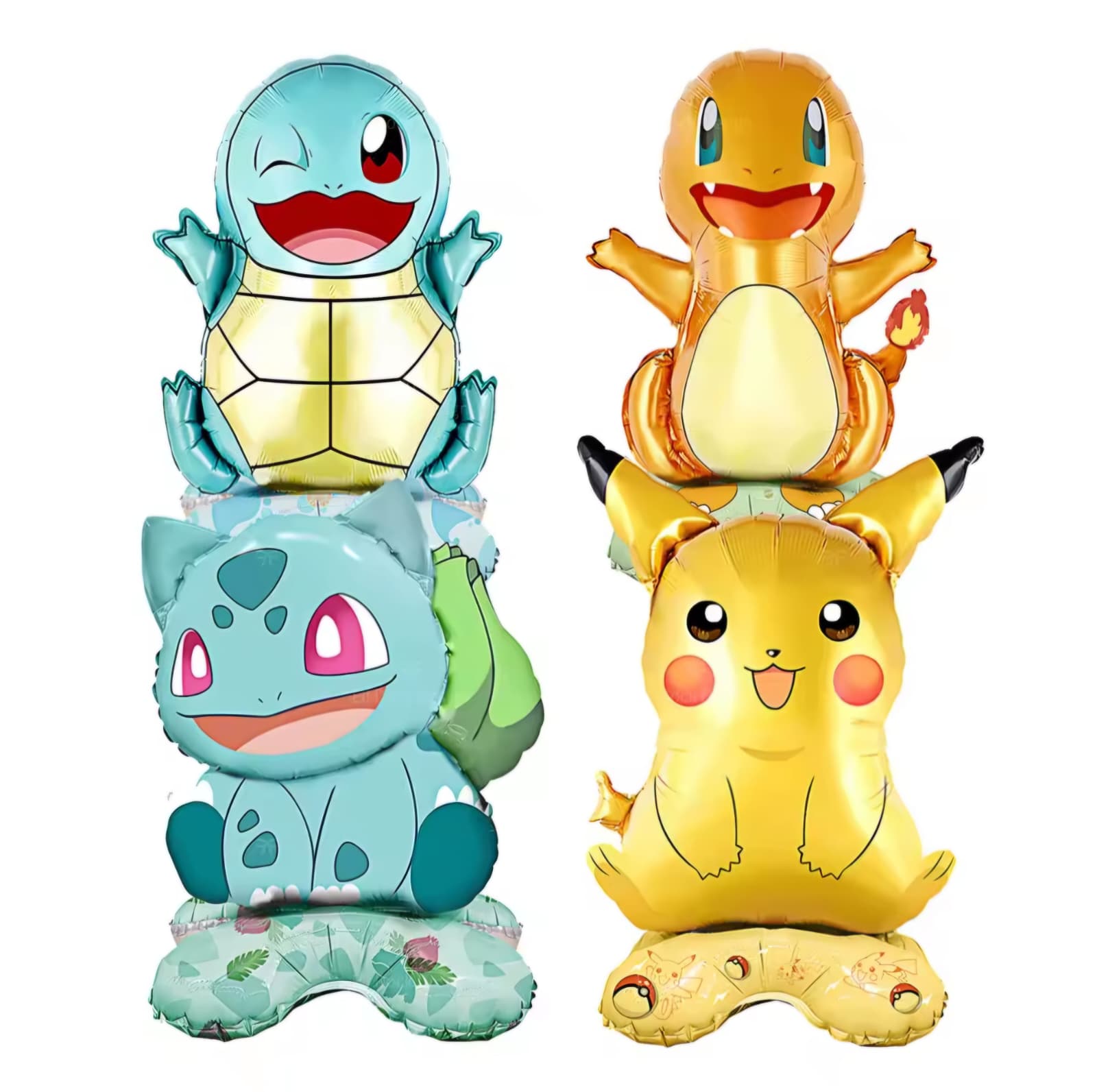 Pokémon Stacked Character Foil Balloons 4pcs set – Standing Pikachu, Charmander, Bulbasaur, & Squirtle Decor