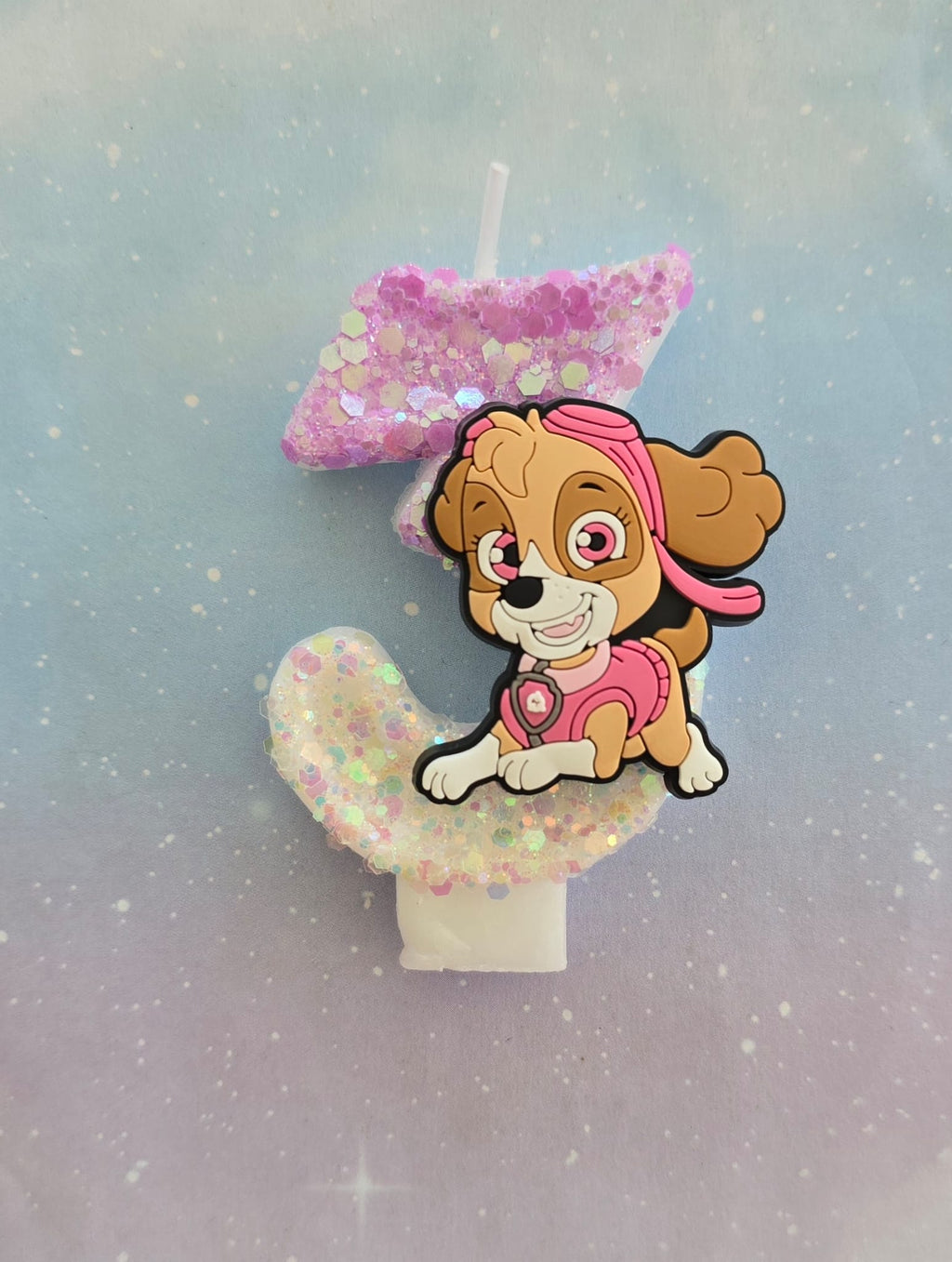 Handmade Skye PAW Patrol Birthday Number 3 Candles – Pink Ombre Glitter Cake Topper