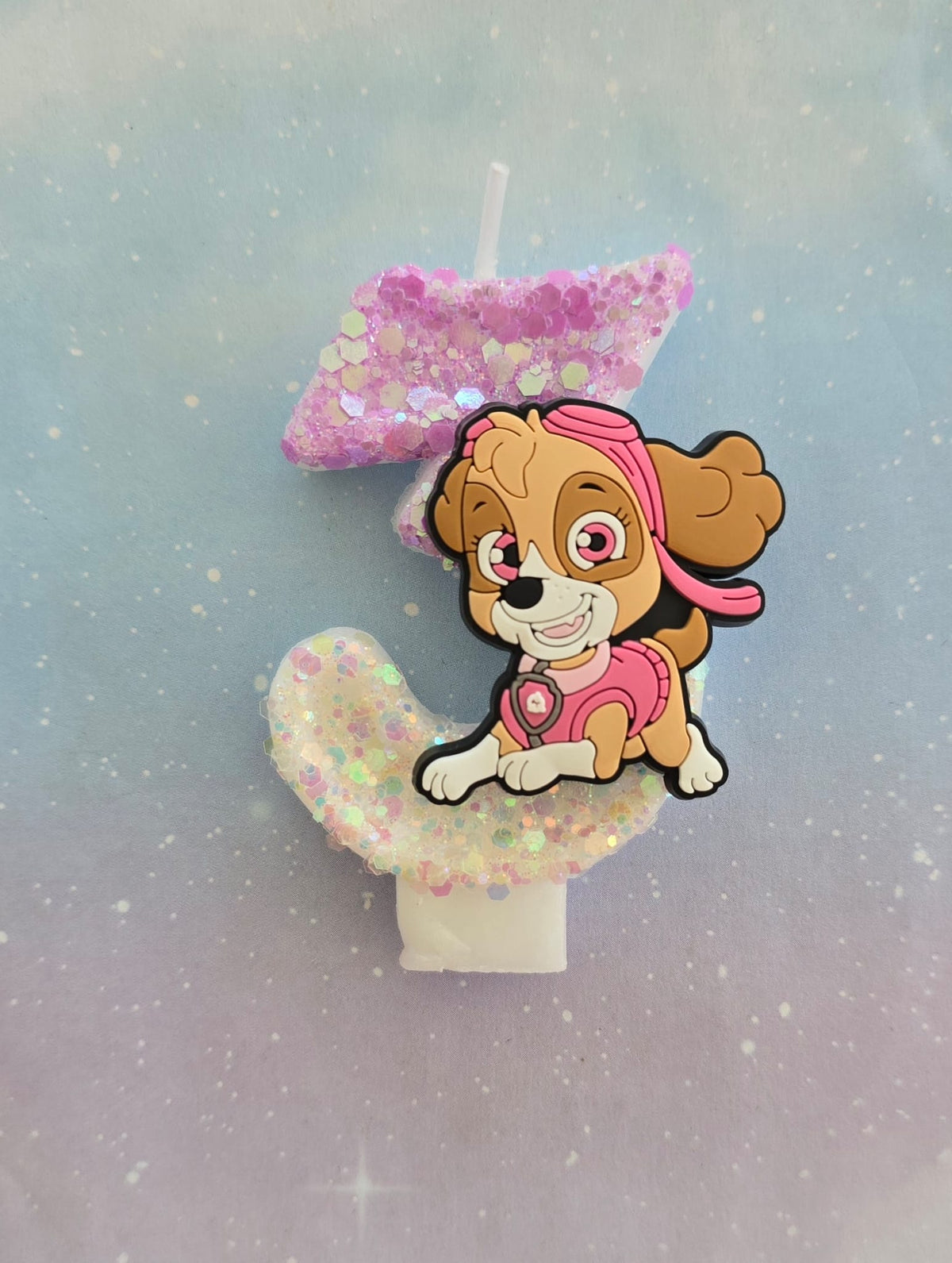 Handmade Skye PAW Patrol Birthday Number 3 Candles – Pink Ombre Glitter Cake Topper
