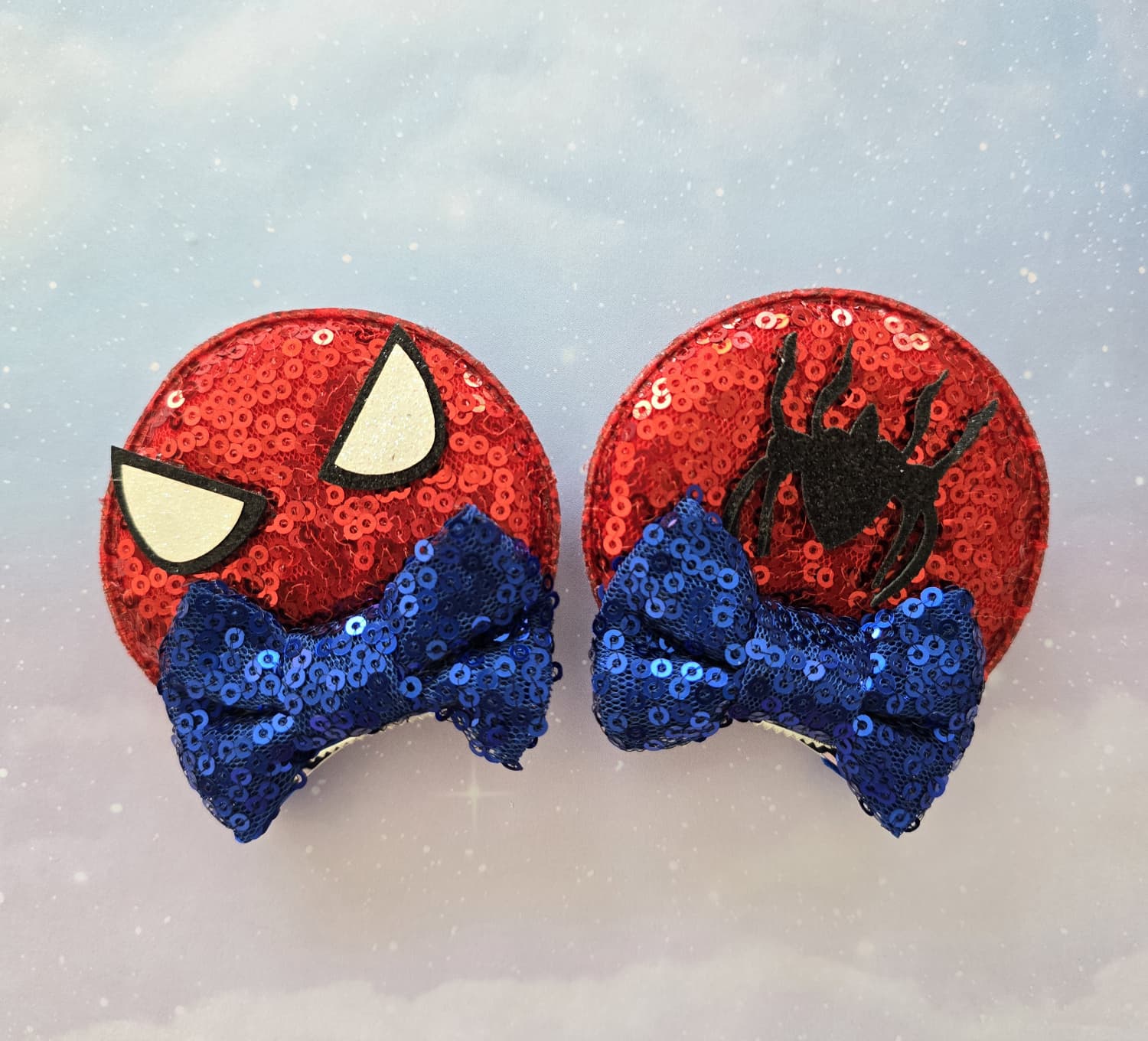Handmade Superhero SpiderMan Mouse Ear Hair Clips – Sequin Bow Red & Blue Costume Clips
