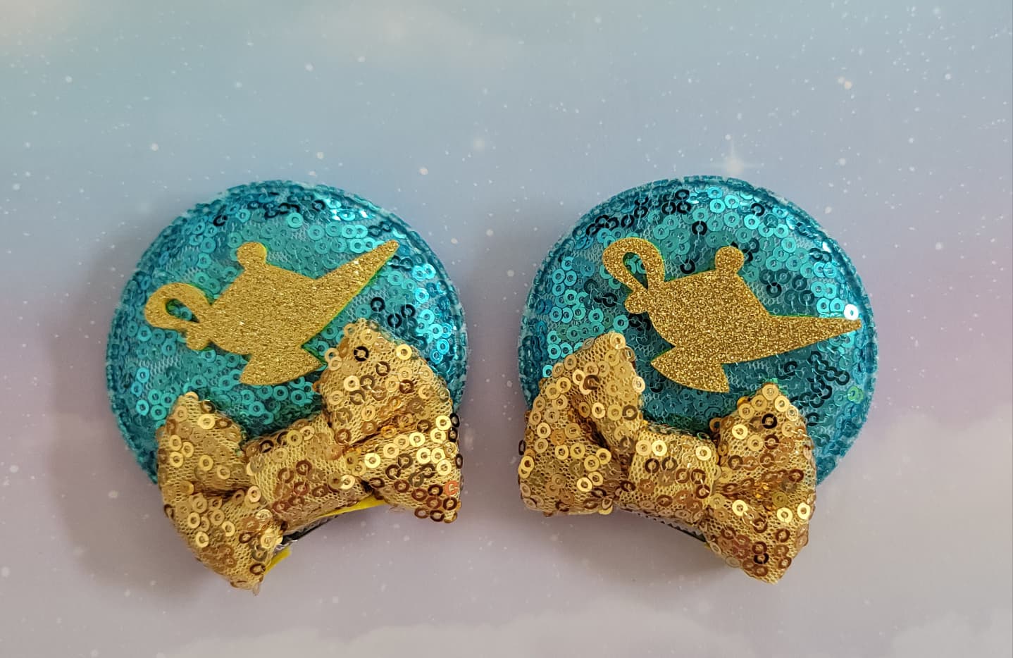 Handmade Jasmine & Aladdin Mouse Ears Hair Barrettes – Teal Sequin & Gold Lamp Cutouts