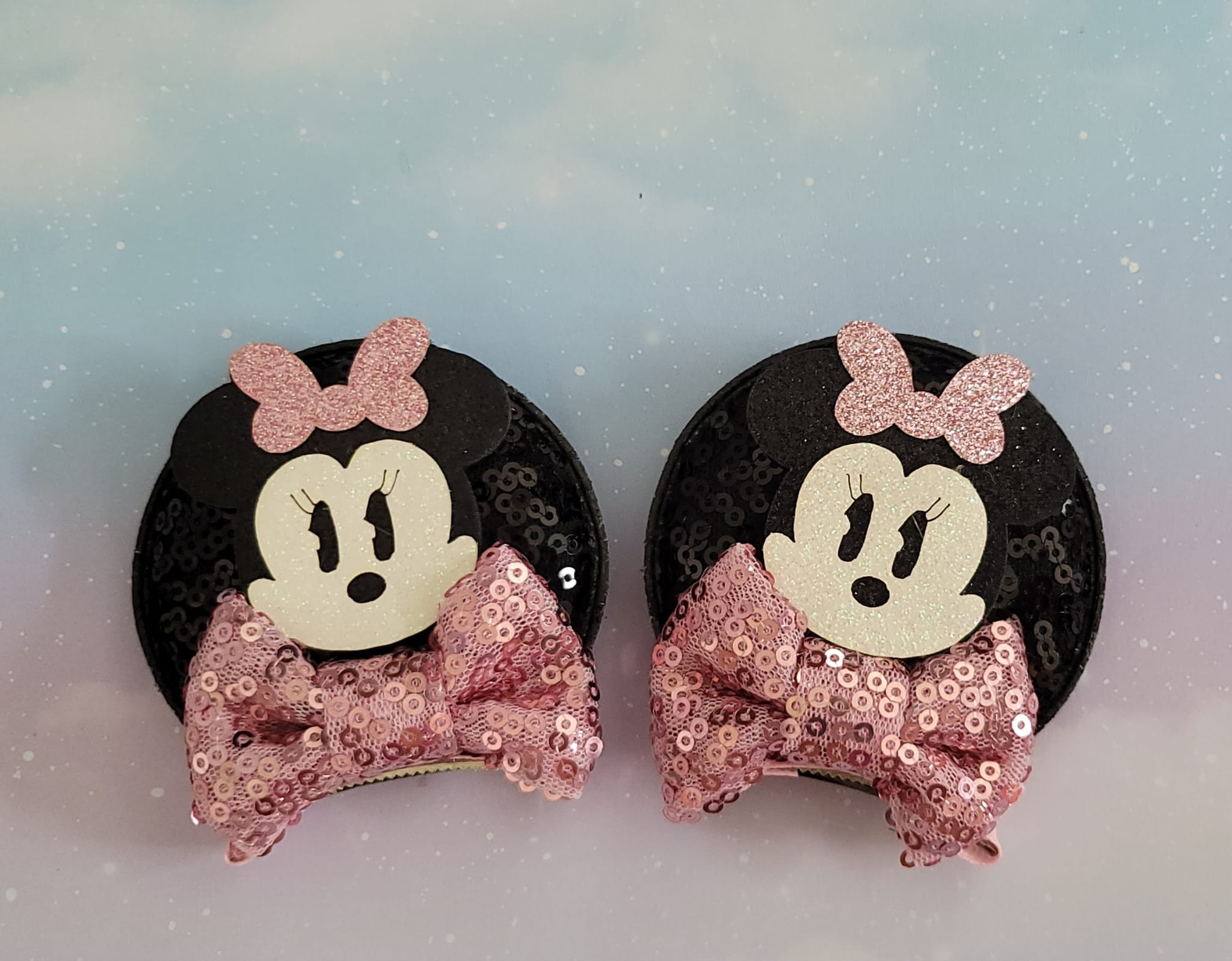 Handmade Minnie Mouse Face Hair Clips – Black Sequin Ears & Pink Sequin Bows
