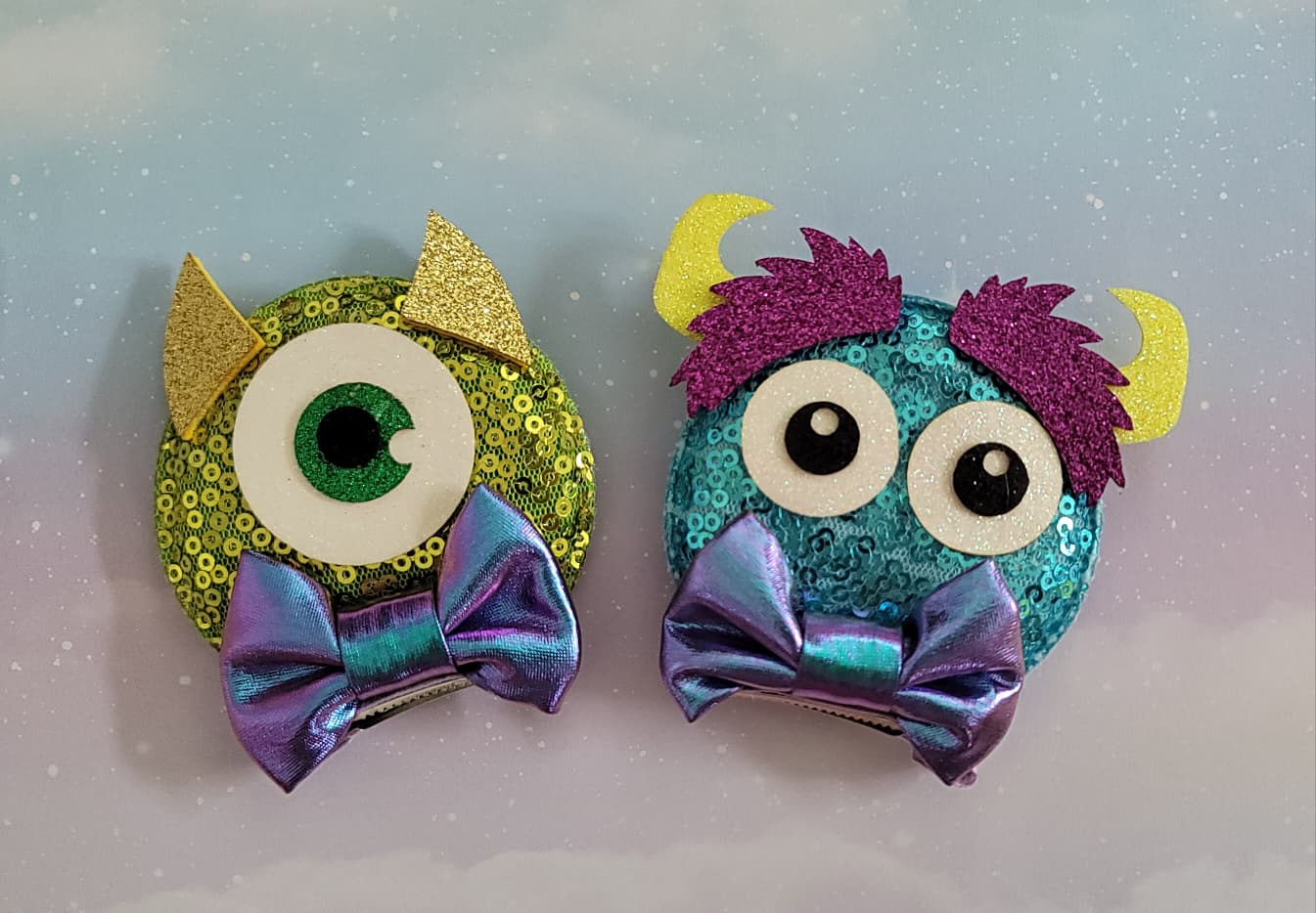 Handmade Monsters Inc Mike & Sulley Mouse Ear Hair Clips – Iridescent Bows