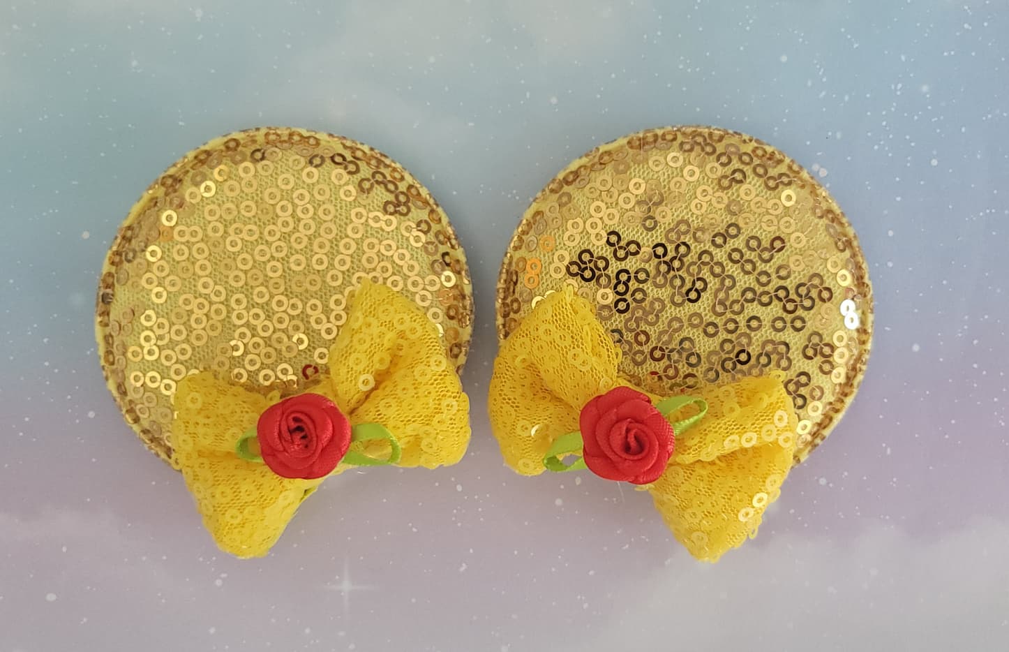 Handmade Princess Belle Mouse Ear Hair Clips / Barrettes  – Gold Sequin Ears with Yellow Bow & Red Rose
