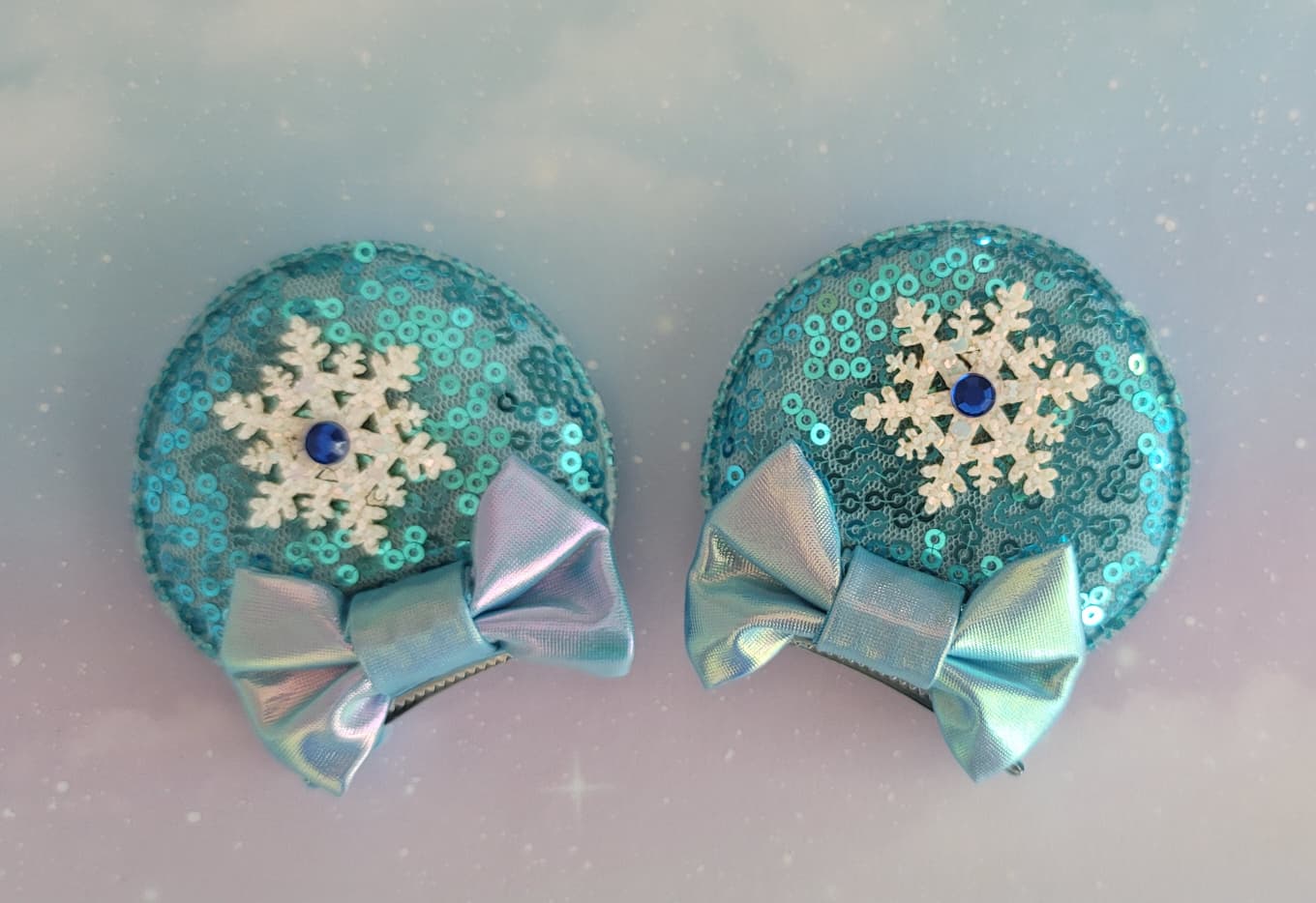 Handmade Elsa Frozen Snowflake Mouse Ear Hair Clips – Light Blue Sequin & Metallic Bows