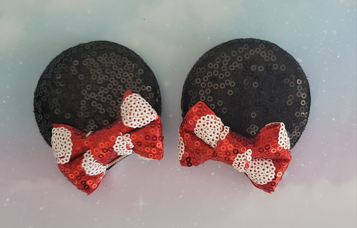 Handmade Minnie Classic Mouse Ear Hair Clips – Black Sequin & Red White Polka Dot Bows