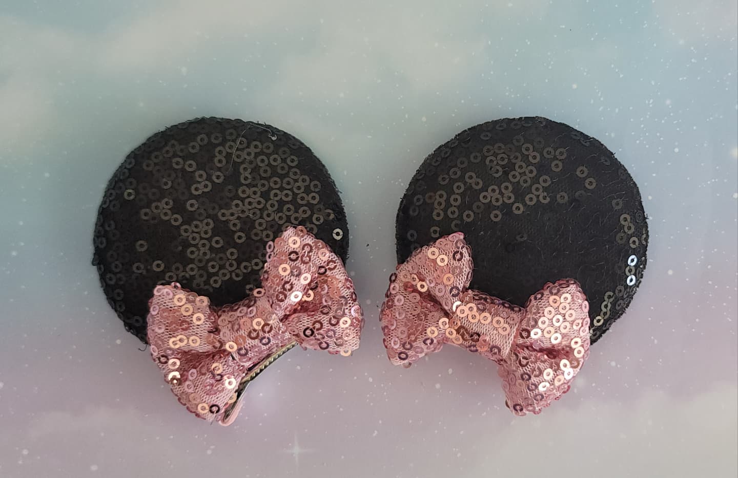 Handmade Minnie Mouse Ear Hair Clips – Black Sequin & Rose Gold Pink Sequin Bows