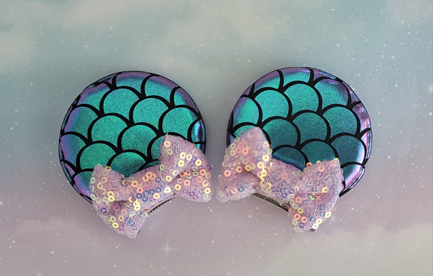 Handmade Princess Ariel Mermaid Scale Mouse Ear Hair Clips – Iridescent Teal & Lavender Sequin Bows