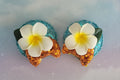 Handmade Moana Tropical Hawaiian Plumeria Flower Mouse Ear Hair Clips – Aqua & Orange Sequin